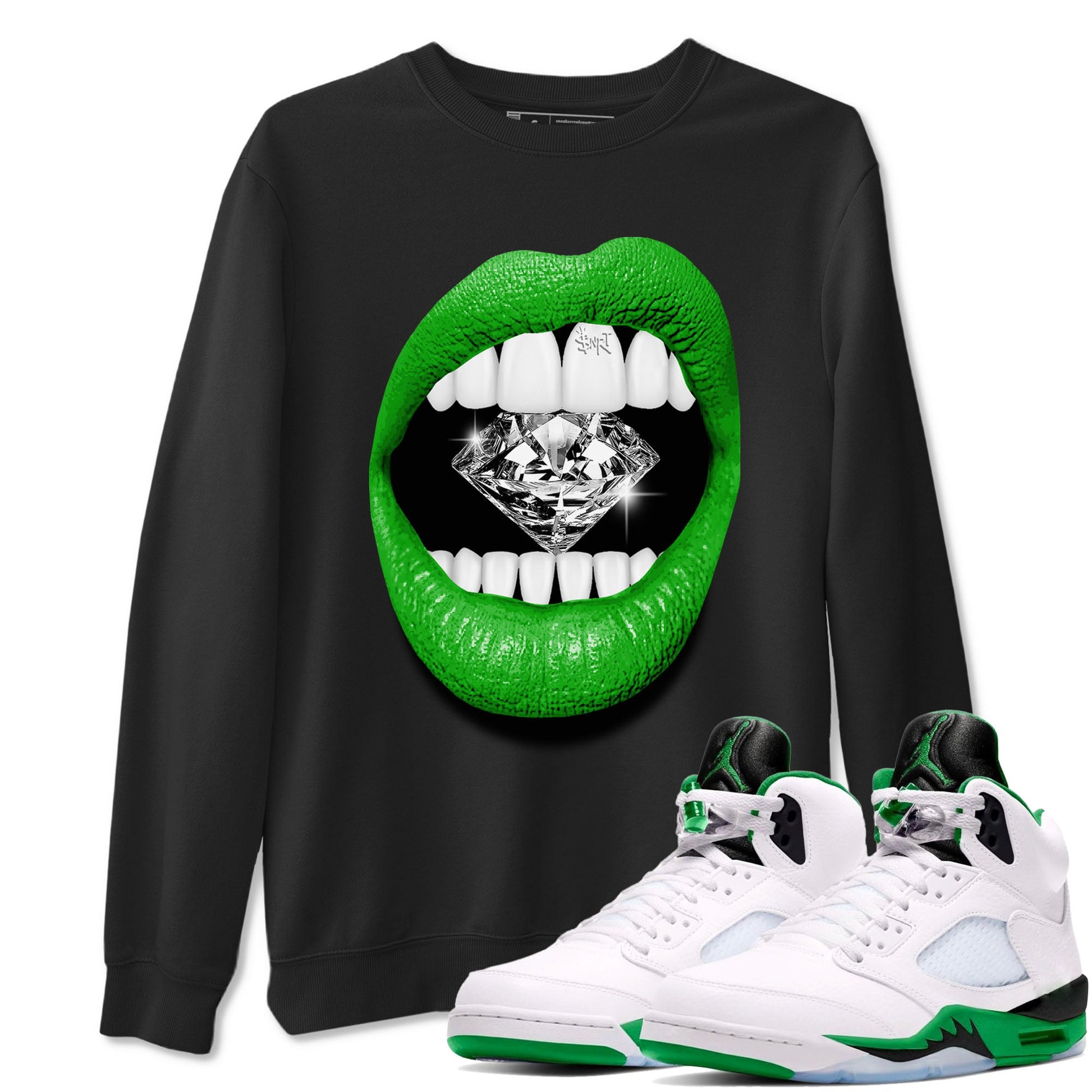 Air Jordan 5 Lucky Green Shirt To Match Jordans Lips Diamond Streetwear Fashion 5s Lucky Green SNRT Sneaker Release Tees unisex cotton Black 1 crew neck shirt