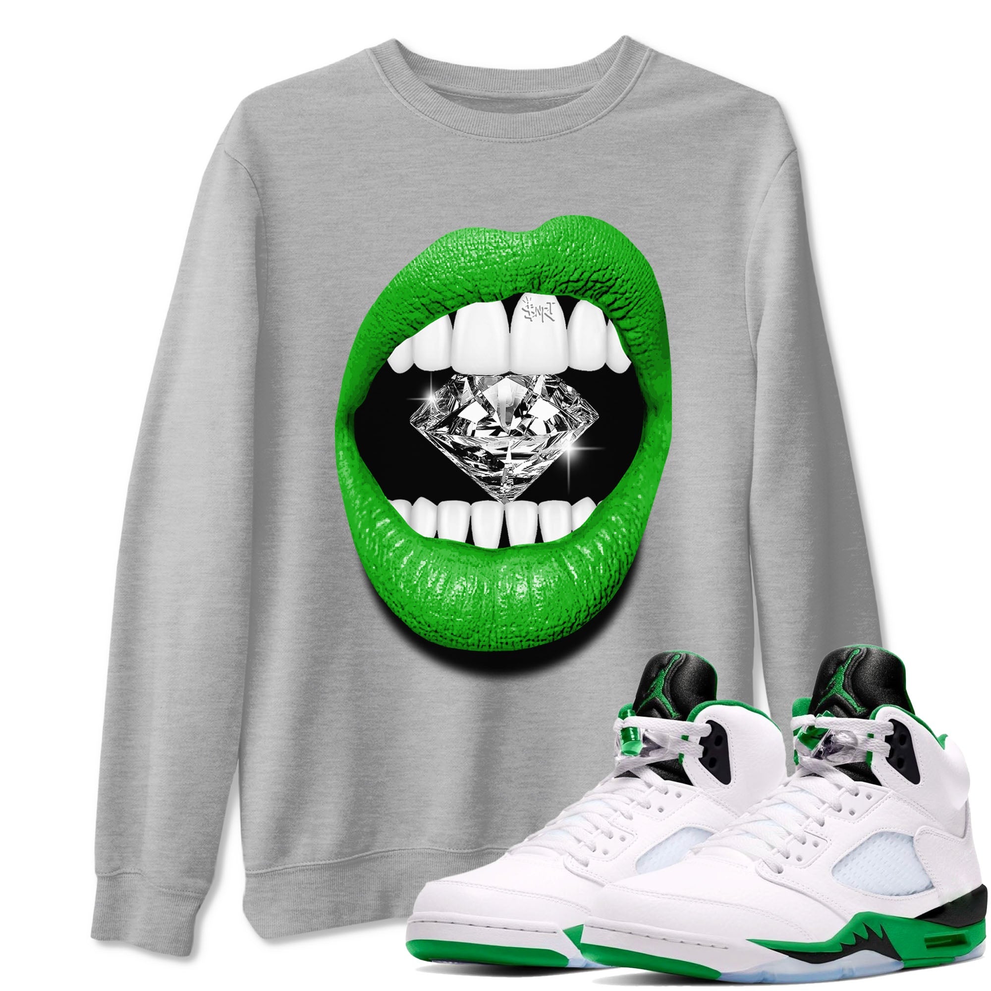 Air Jordan 5 Lucky Green Shirt To Match Jordans Lips Diamond Streetwear Fashion 5s Lucky Green SNRT Sneaker Release Tees unisex cotton Heather Grey 1 crew neck shirt