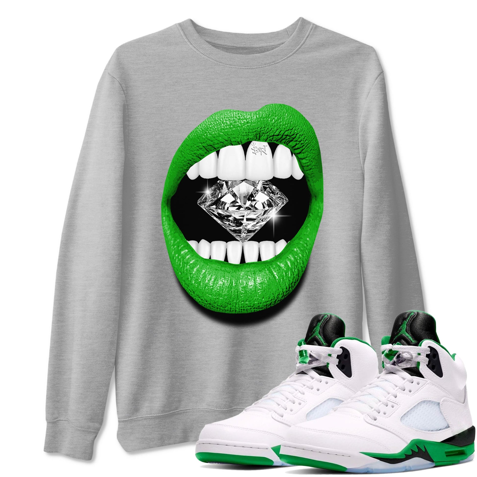 Air Jordan 5 Lucky Green Shirt To Match Jordans Lips Diamond Streetwear Fashion 5s Lucky Green SNRT Sneaker Release Tees unisex cotton Heather Grey 1 crew neck shirt