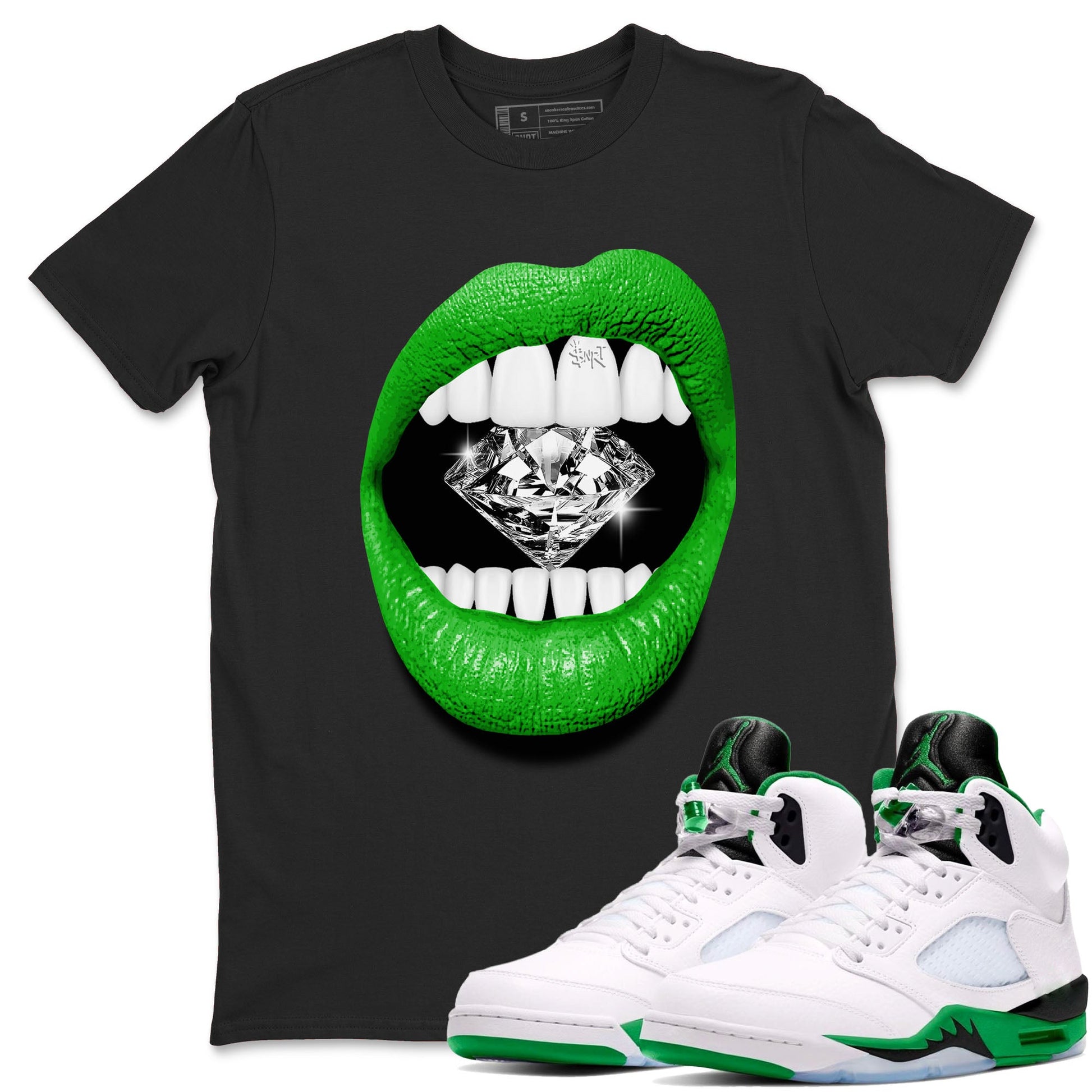 Air Jordan 5 Lucky Green Shirt To Match Jordans Lips Diamond Streetwear Fashion 5s Lucky Green SNRT Sneaker Release Tees unisex cotton Black 1 crew neck shirt