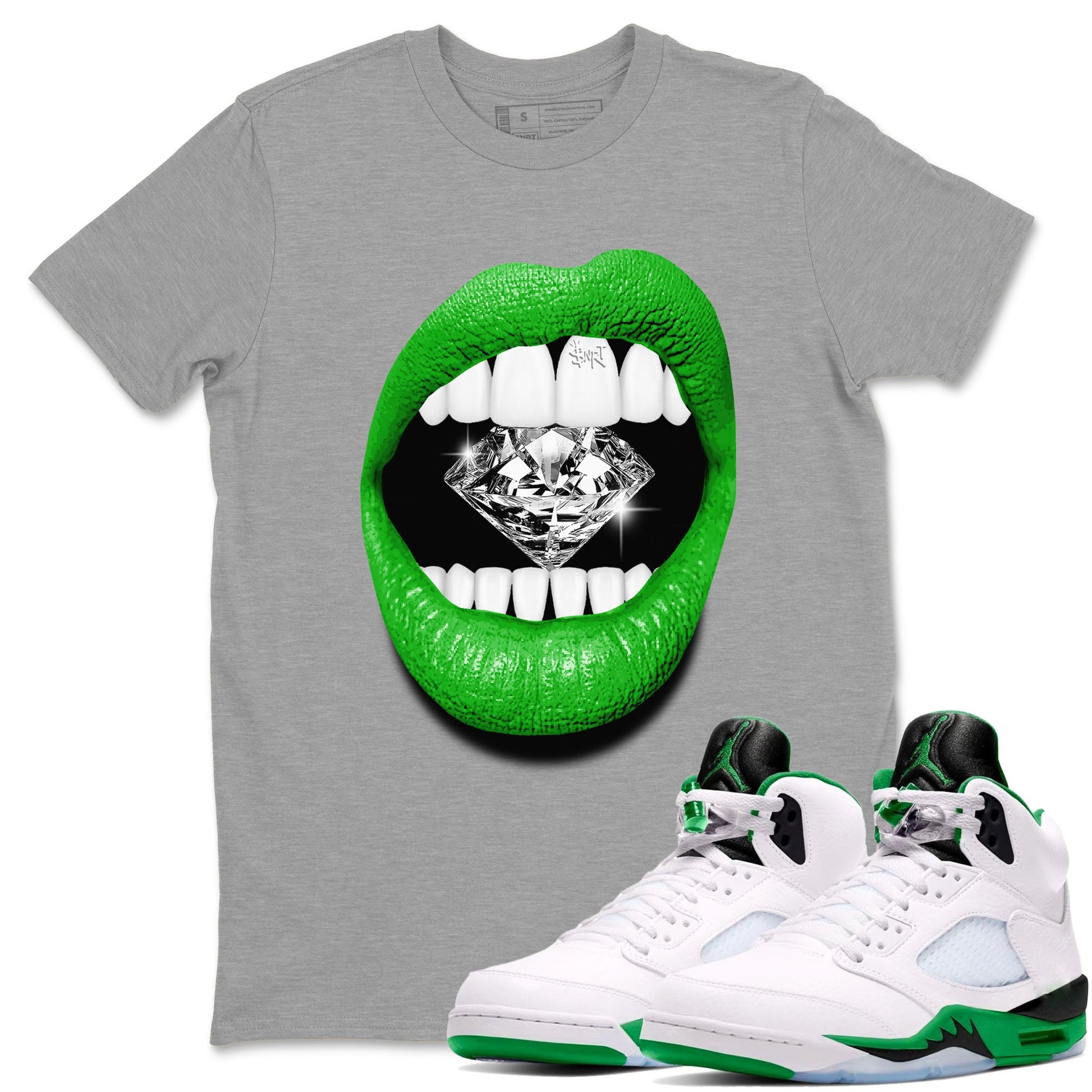 Air Jordan 5 Lucky Green Shirt To Match Jordans Lips Diamond Streetwear Fashion 5s Lucky Green SNRT Sneaker Release Tees unisex cotton Heather Grey 1 crew neck shirt