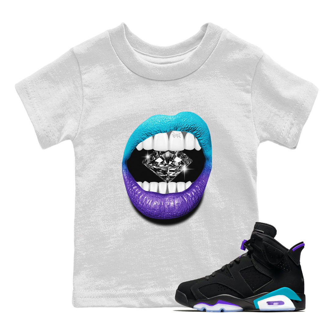 6s Aqua Sneaker Match Tees Lips Diamond Sneaker Tees Air Jordan 6 Aqua SNRT Sneaker Release Tees Kids Shirts White 1