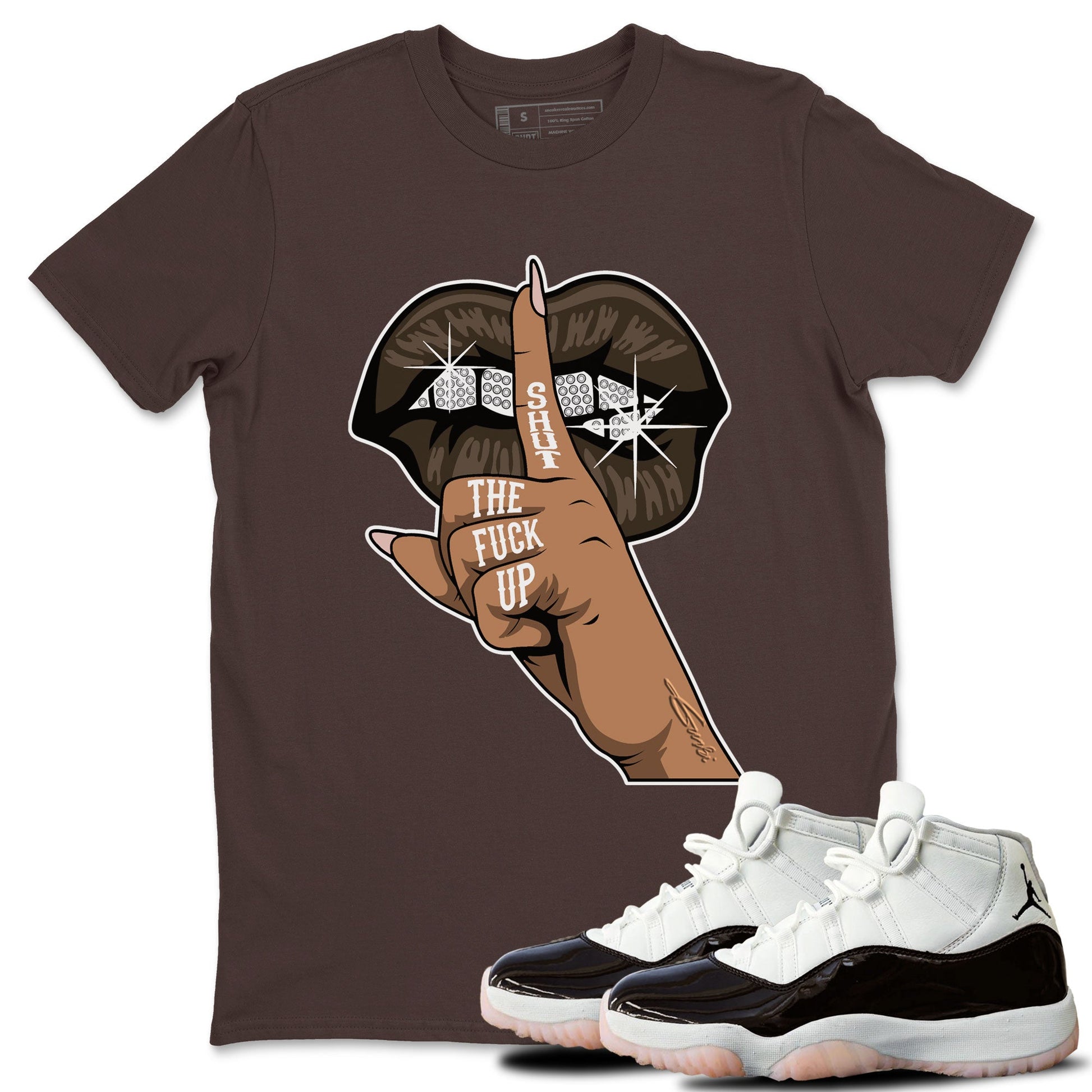 Air Jordan 11 Neapolitan shirt to match jordans Lips Hand special sneaker matching tees Jordan 11 WMNS Neapolitan SNRT sneaker tees Unisex Dark Chocolate 1 T-Shirt