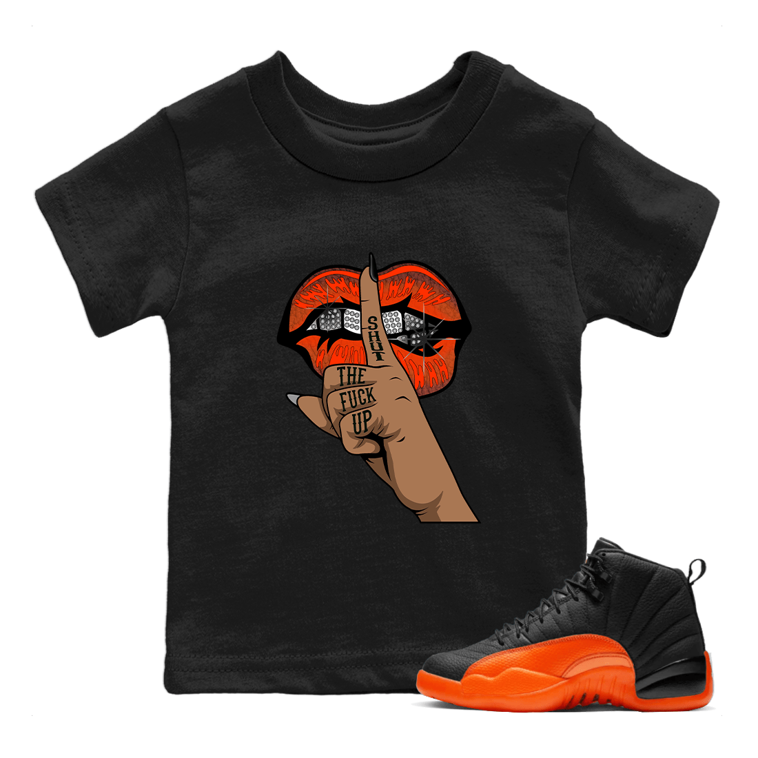 AJ12 Brilliant Orange Sneaker Shirt Lips Hand Sneaker Tees Air Jordan 12 Brilliant Orange Sneaker Release Tees Kids Shirts Black 1