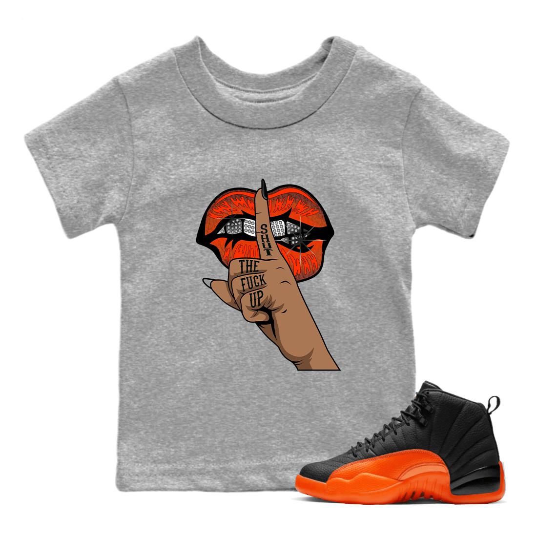 AJ12 Brilliant Orange Sneaker Shirt Lips Hand Sneaker Tees Air Jordan 12 Brilliant Orange Sneaker Release Tees Kids Shirts Heather Grey 1