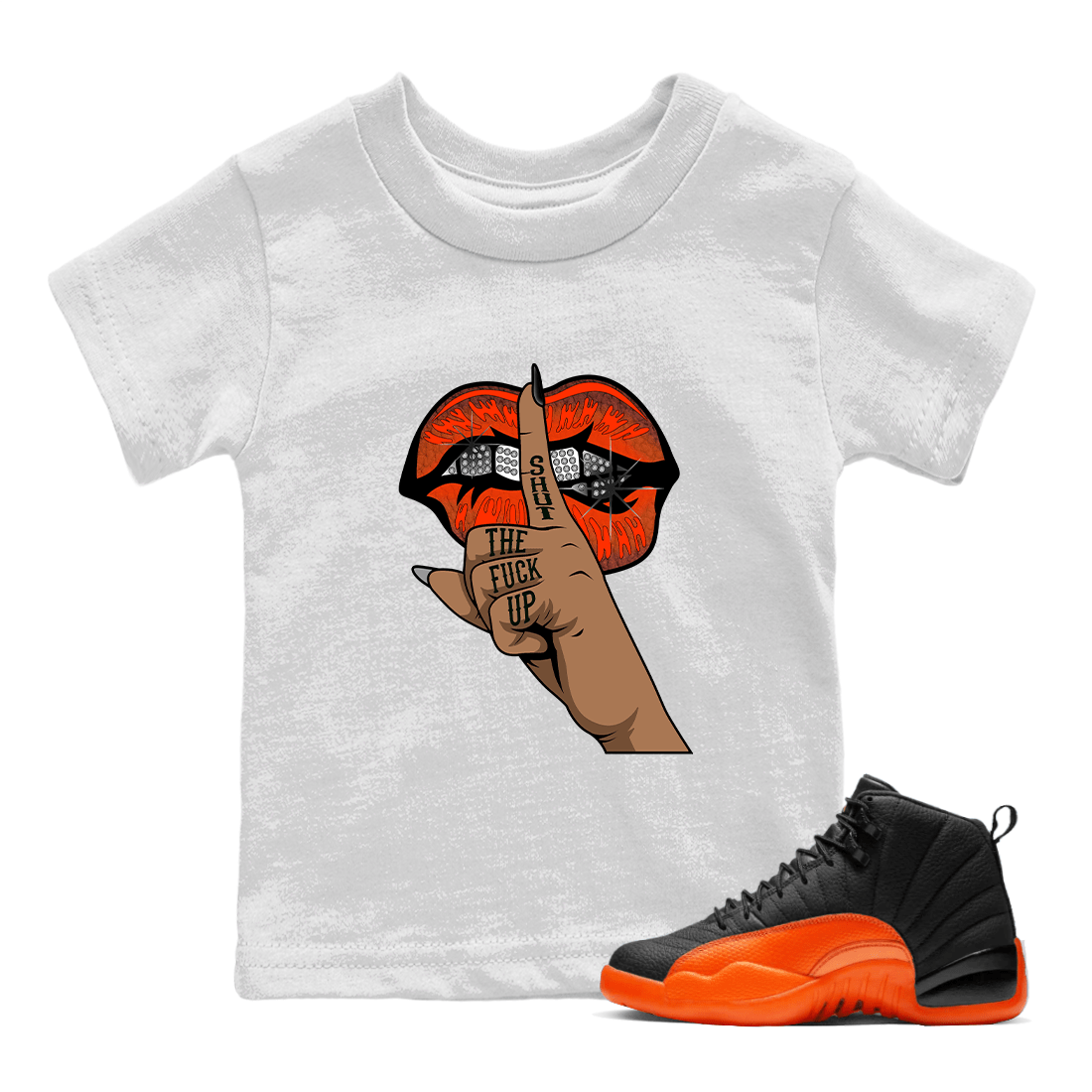 AJ12 Brilliant Orange Sneaker Shirt Lips Hand Sneaker Tees Air Jordan 12 Brilliant Orange Sneaker Release Tees Kids Shirts White 1