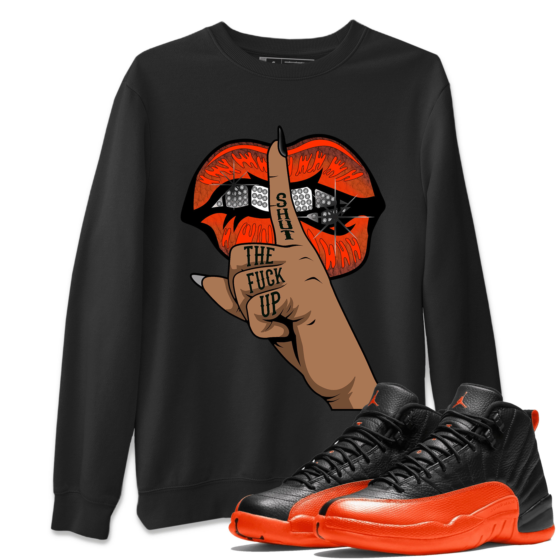 AJ12 Brilliant Orange Sneaker Shirt Lips Hand Sneaker Tees Air Jordan 12 Brilliant Orange Sneaker Release Tees Unisex Shirts Black 1
