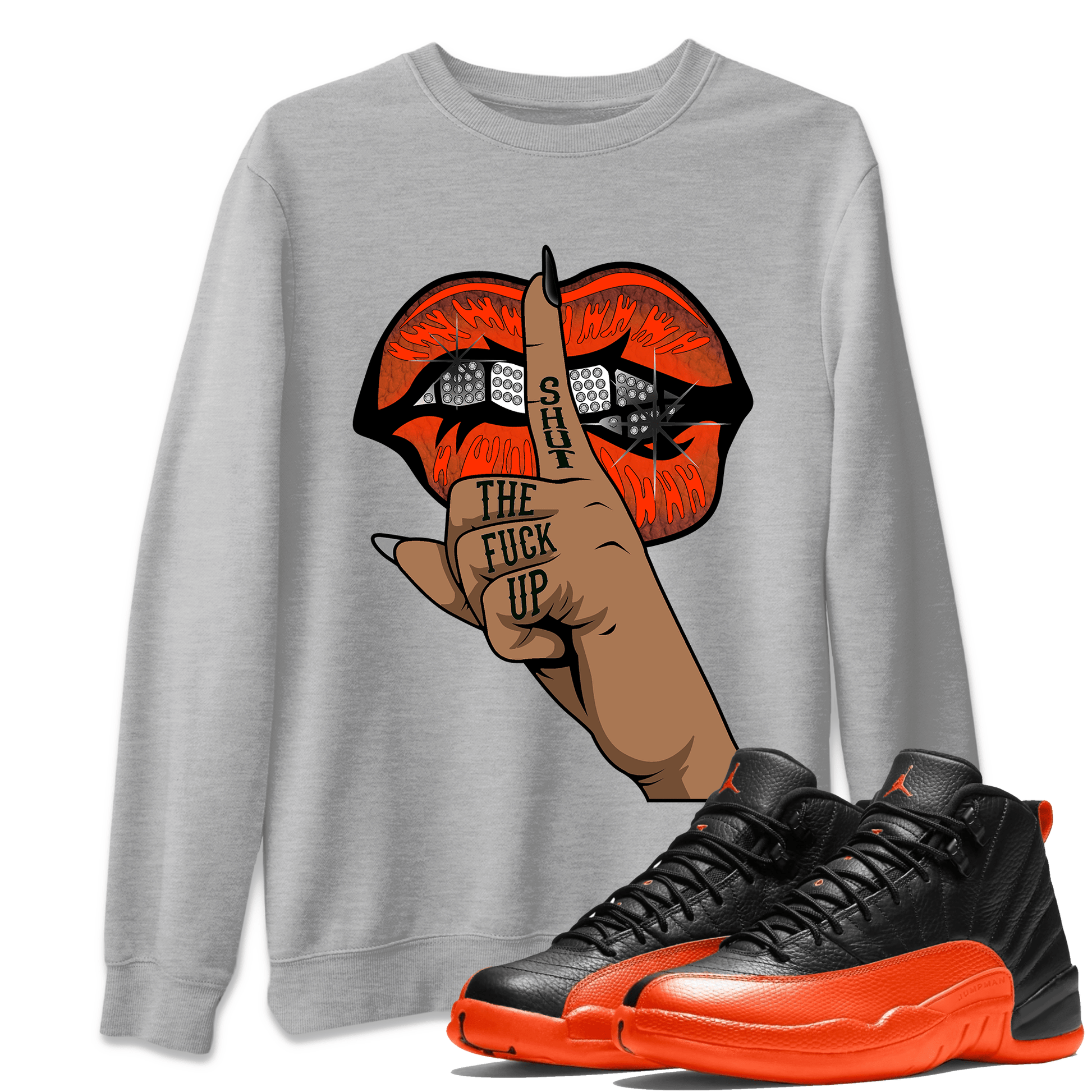 AJ12 Brilliant Orange Sneaker Shirt Lips Hand Sneaker Tees Air Jordan 12 Brilliant Orange Sneaker Release Tees Unisex Shirts Heather Grey 1