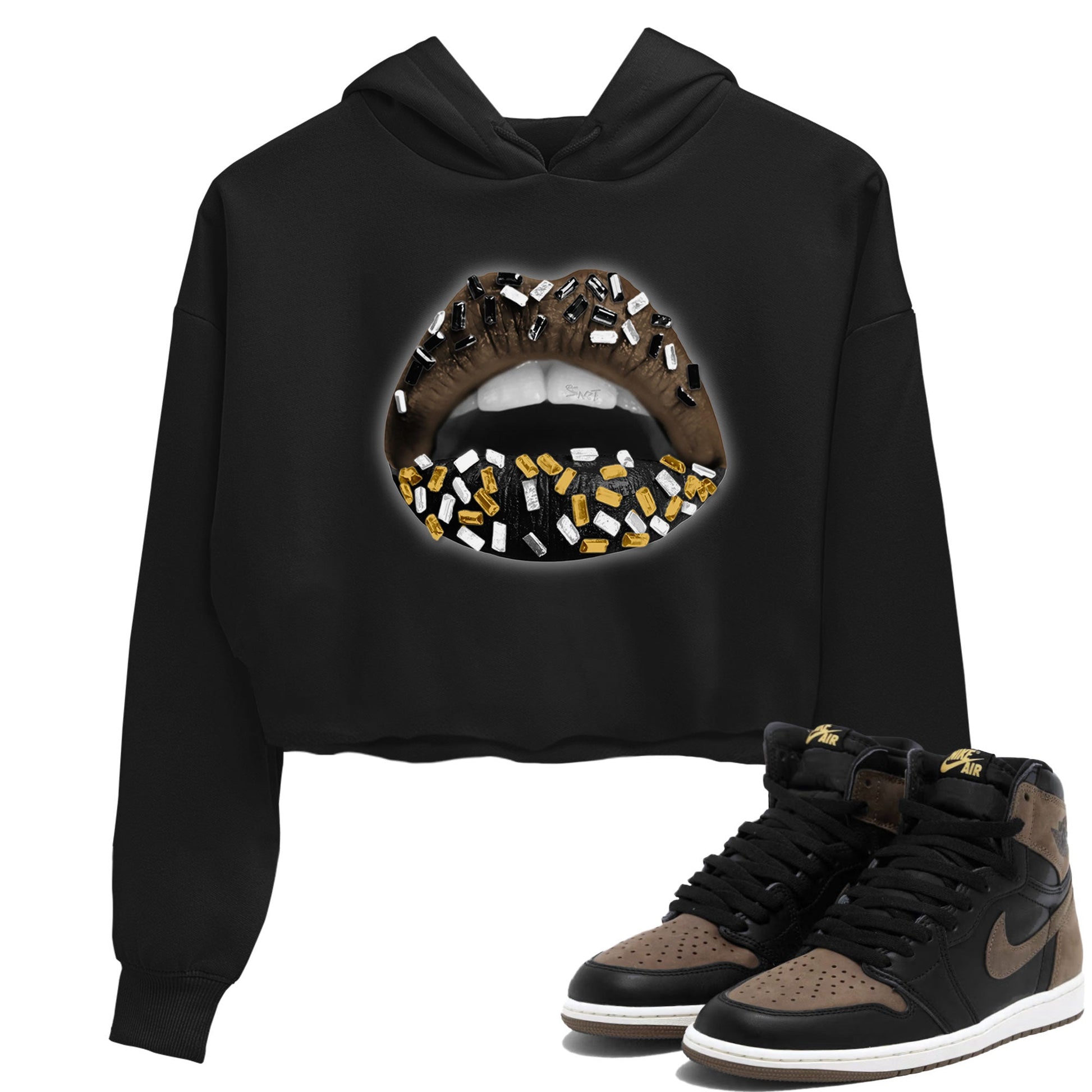 Air Jordan 1 Palomino shirt to match jordans Lips Jewel sneaker tees Air Jordan 1 High OG Palomino SNRT Sneaker Release Tees Black 1 Crop T-Shirt