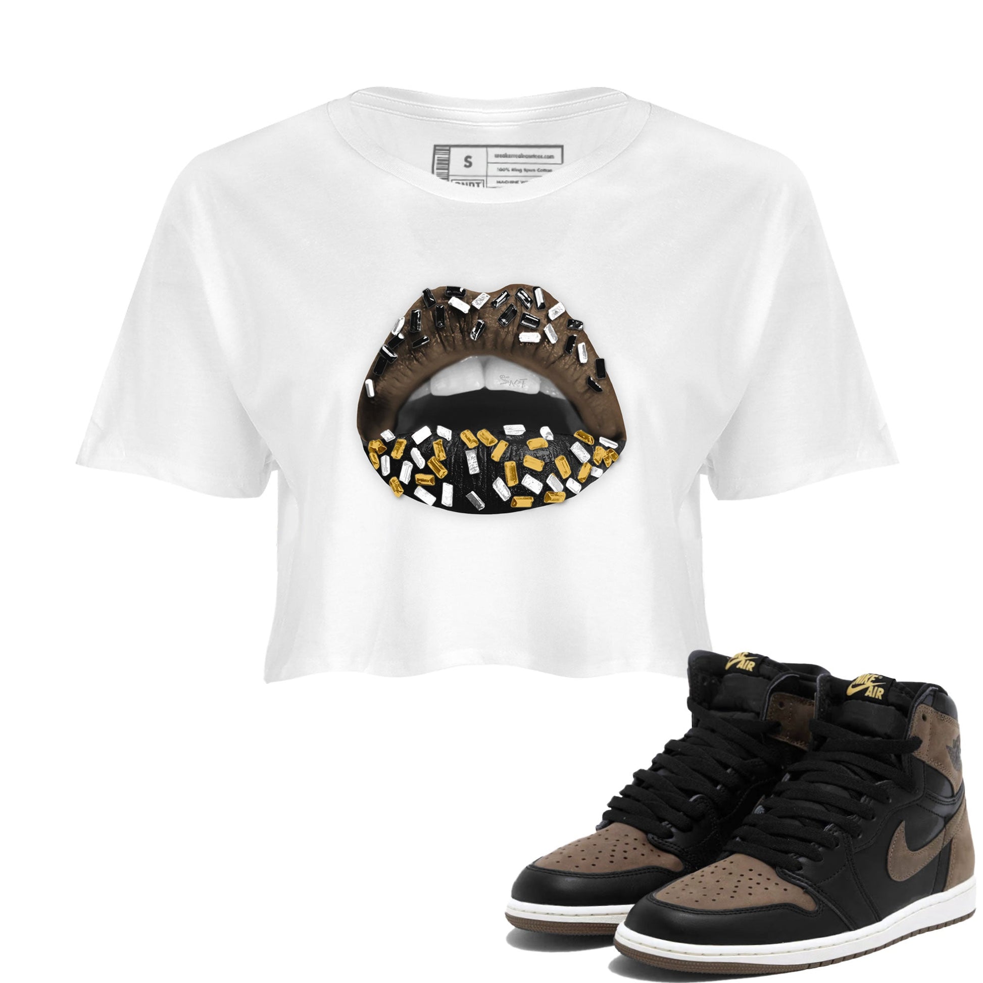 Air Jordan 1 Palomino shirt to match jordans Lips Jewel sneaker tees Air Jordan 1 High OG Palomino SNRT Sneaker Release Tees White 1 Crop T-Shirt