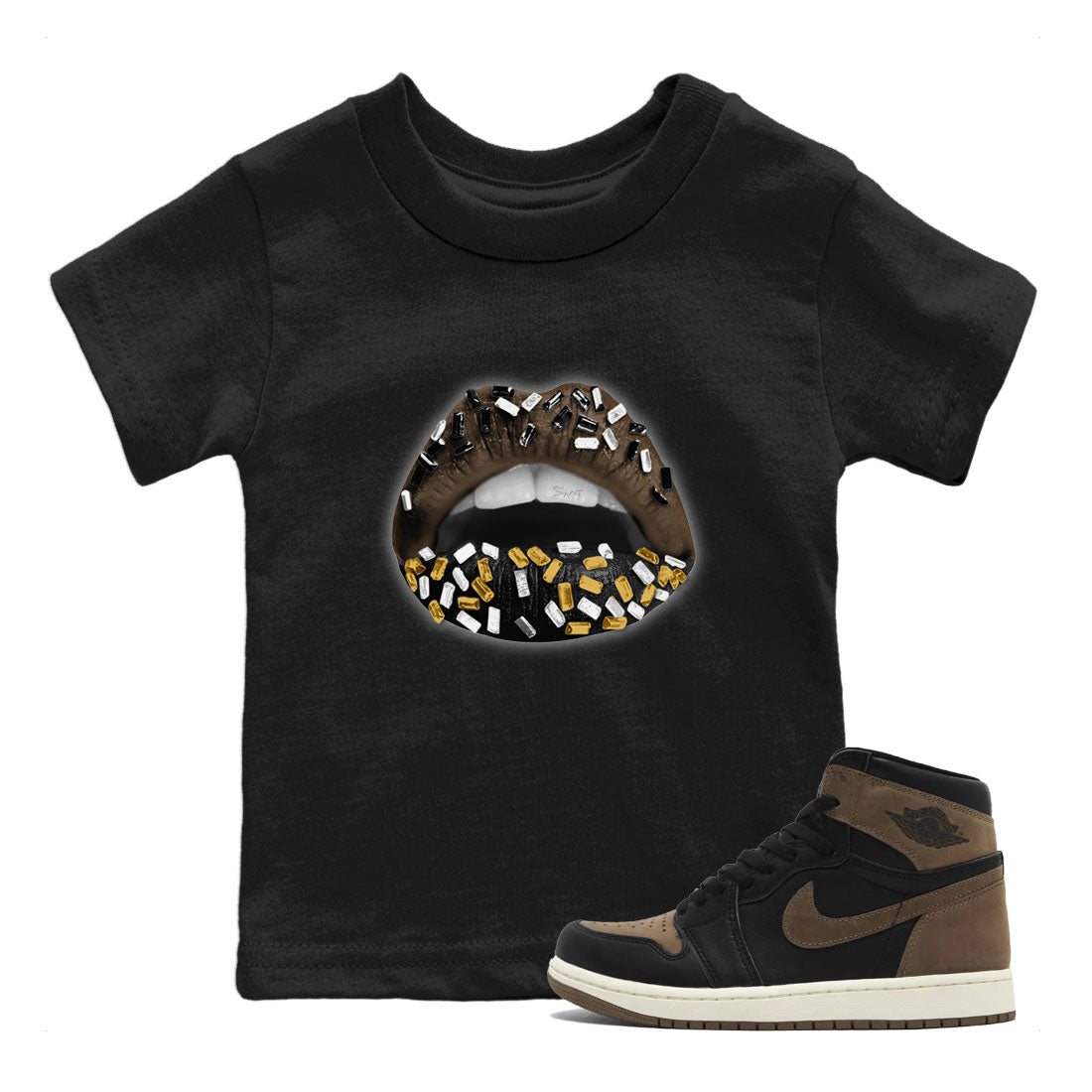 Air Jordan 1 Palomino shirt to match jordans Lips Jewel sneaker tees Air Jordan 1 High OG Palomino SNRT Sneaker Release Tees Baby Toddler Black 1 T-Shirt