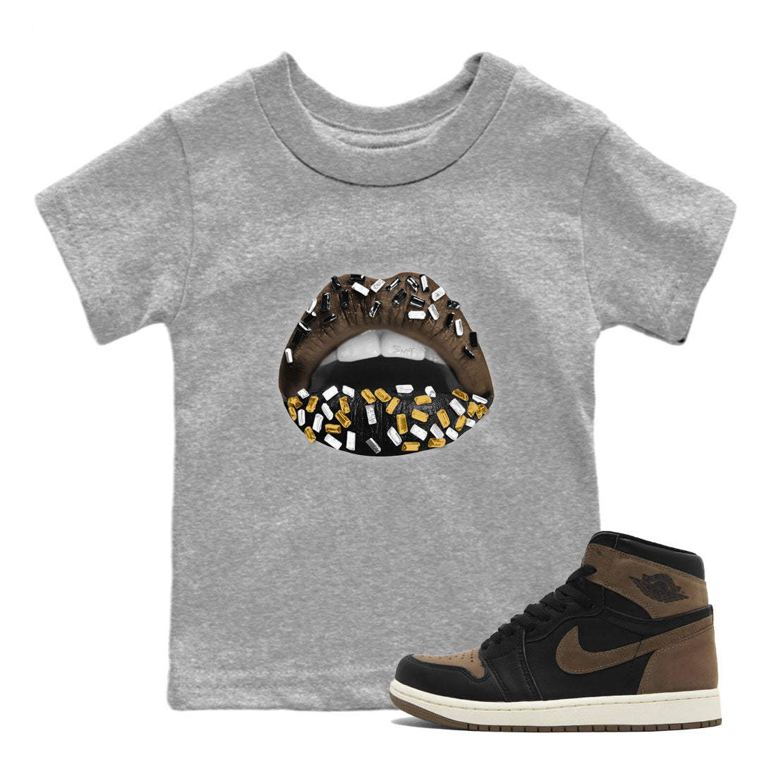Air Jordan 1 Palomino shirt to match jordans Lips Jewel sneaker tees Air Jordan 1 High OG Palomino SNRT Sneaker Release Tees Baby Toddler Heather Grey 1 T-Shirt