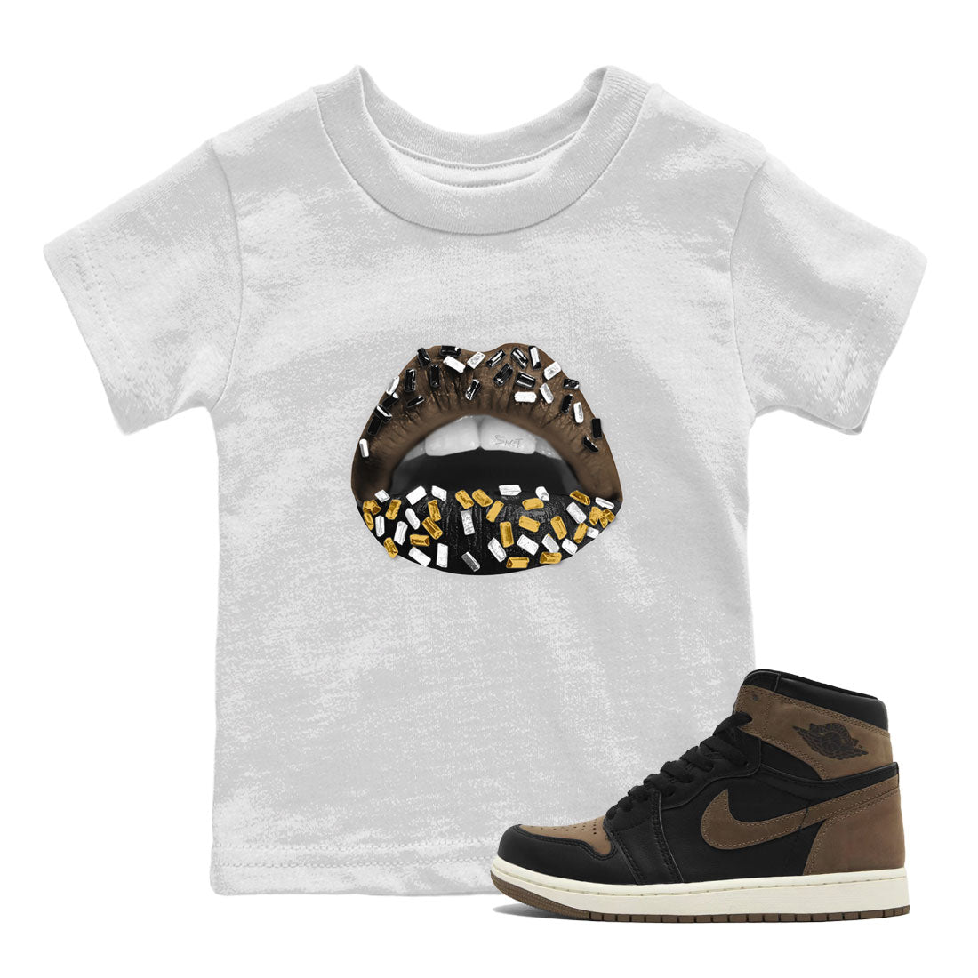 Air Jordan 1 Palomino shirt to match jordans Lips Jewel sneaker tees Air Jordan 1 High OG Palomino SNRT Sneaker Release Tees Baby Toddler White 1 T-Shirt