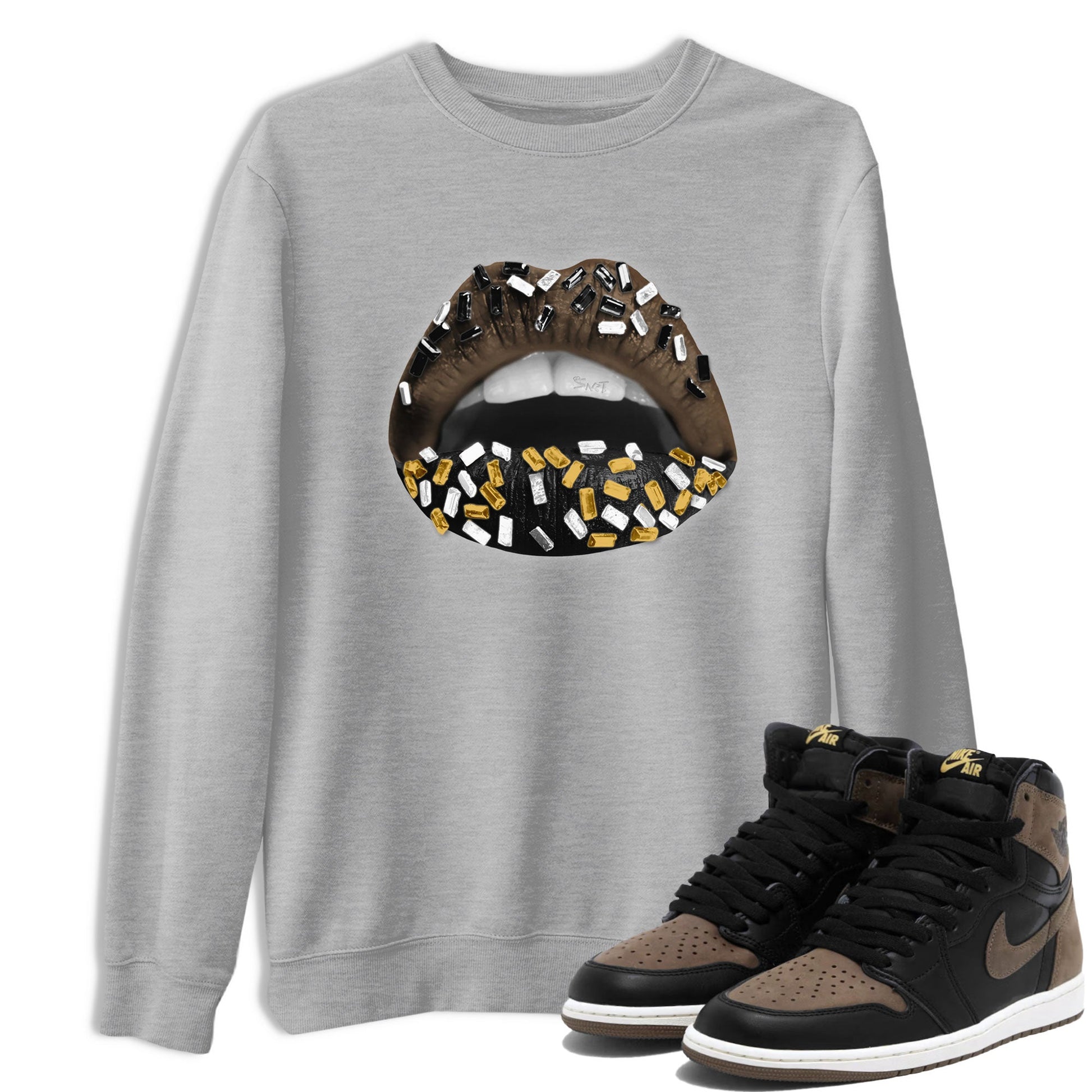 Air Jordan 1 Palomino shirt to match jordans Lips Jewel sneaker tees Air Jordan 1 High OG Palomino SNRT Sneaker Release Tees Crew Neck Casual Unisex Heather Grey 1 T-Shirt