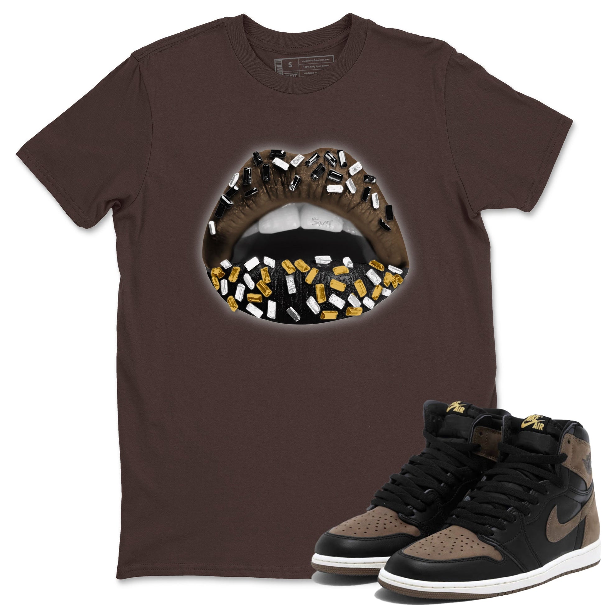 Air Jordan 1 Palomino shirt to match jordans Lips Jewel sneaker tees Air Jordan 1 High OG Palomino SNRT Sneaker Release Tees Crew Neck Casual Unisex Dark Chocolate 1 T-Shirt