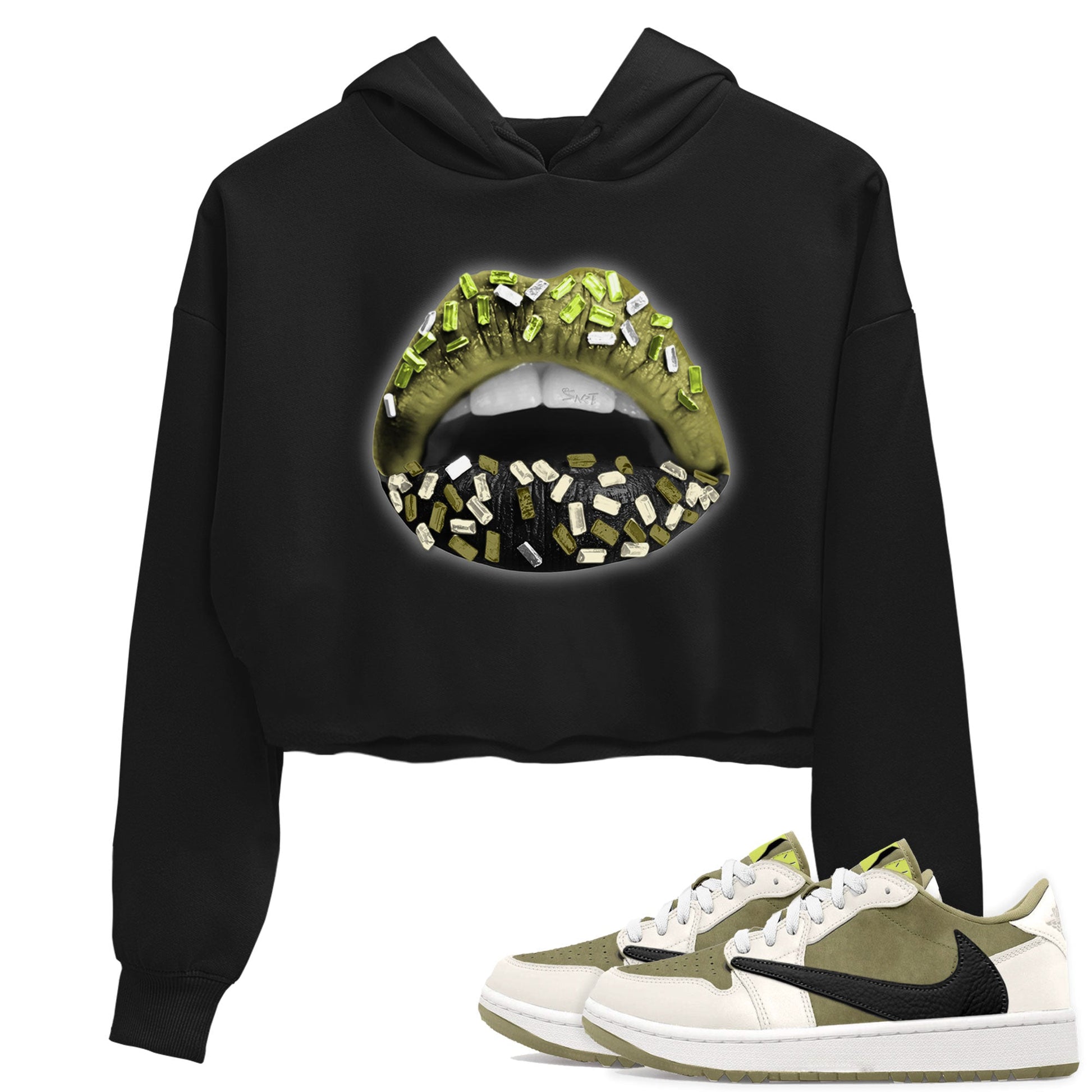 Jordan 1 Low x Travis Scott Golf Olive shirt to match jordans Lips Jewel sneaker tees Air Jordan 1 Travis Scott Olive SNRT Sneaker Release Tees Black 1 Crop T-Shirt