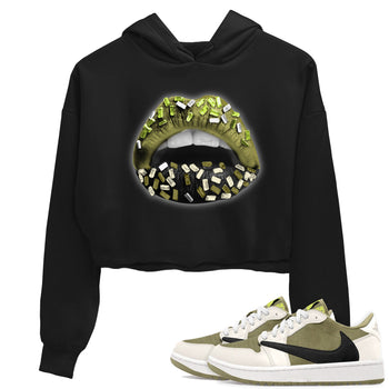 Jordan 1 Low x Travis Scott Golf Olive shirt to match jordans Lips Jewel sneaker tees Air Jordan 1 Travis Scott Olive SNRT Sneaker Release Tees Black 1 Crop T-Shirt