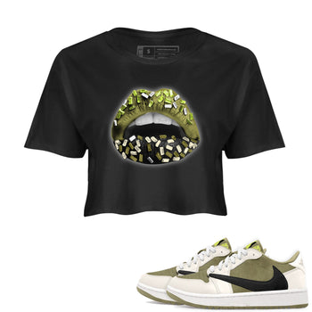 Jordan 1 Low x Travis Scott Golf Olive shirt to match jordans Lips Jewel sneaker tees Air Jordan 1 Travis Scott Olive SNRT Sneaker Release Tees Black 1 Crop T-Shirt