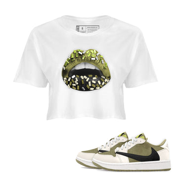 Jordan 1 Low x Travis Scott Golf Olive shirt to match jordans Lips Jewel sneaker tees Air Jordan 1 Travis Scott Olive SNRT Sneaker Release Tees White 1 Crop T-Shirt