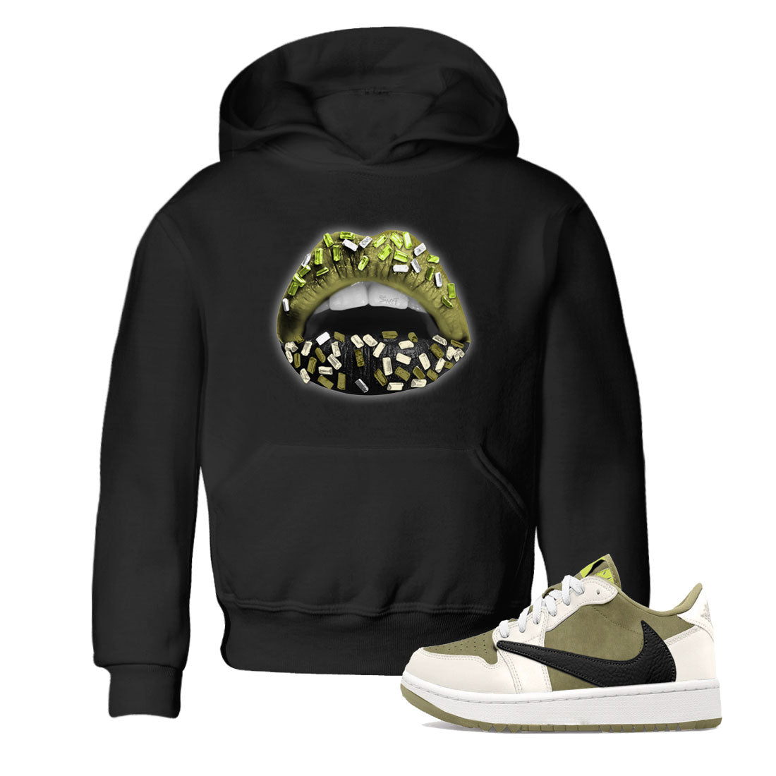 Jordan 1 Low x Travis Scott Golf Olive shirt to match jordans Lips Jewel sneaker tees Air Jordan 1 Travis Scott Olive SNRT Sneaker Release Tees Baby Toddler Black 1 T-Shirt