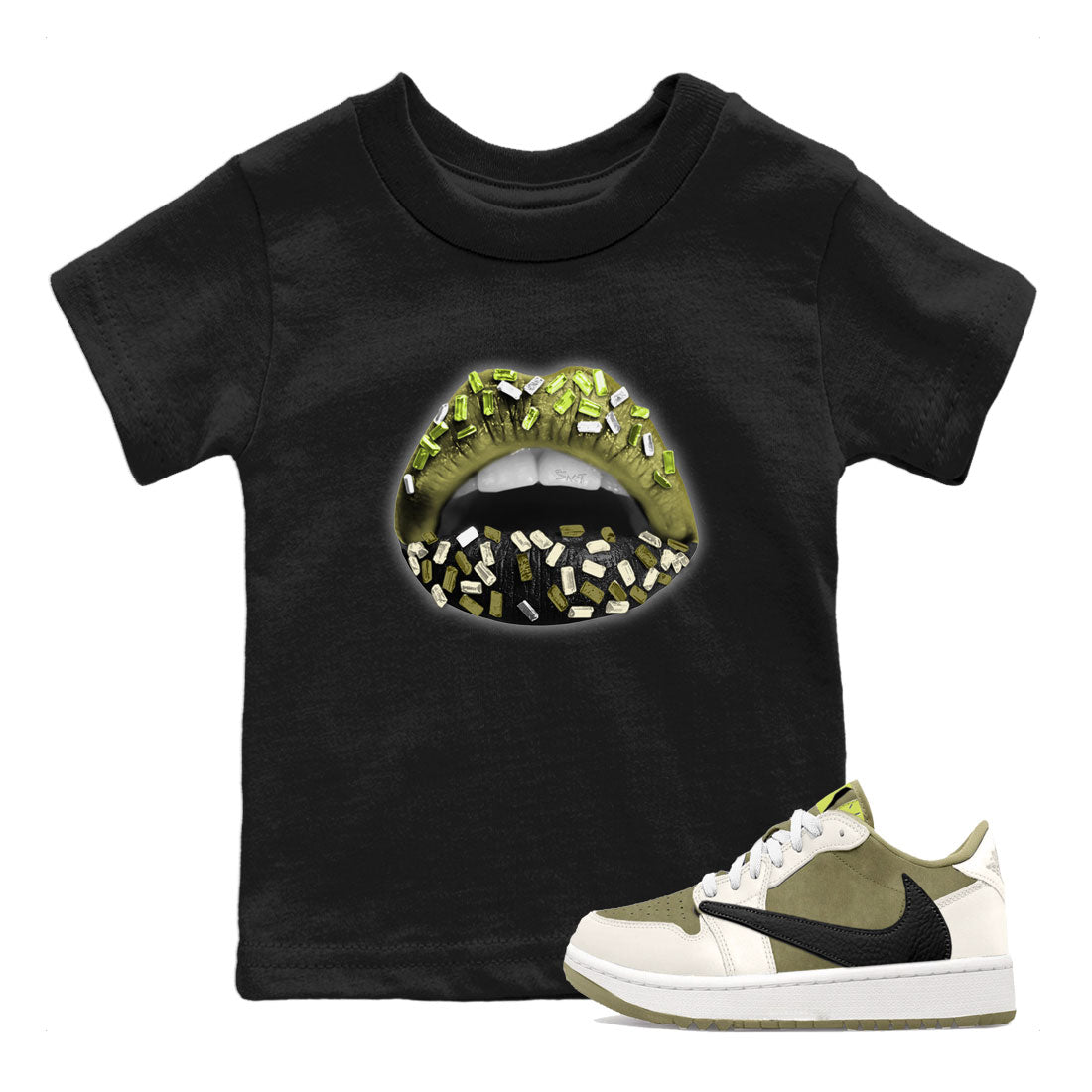 Jordan 1 Low x Travis Scott Golf Olive shirt to match jordans Lips Jewel sneaker tees Air Jordan 1 Travis Scott Olive SNRT Sneaker Release Tees Baby Toddler Black 1 T-Shirt