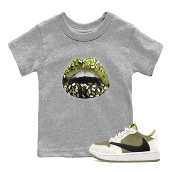 Jordan 1 Low x Travis Scott Golf Olive shirt to match jordans Lips Jewel sneaker tees Air Jordan 1 Travis Scott Olive SNRT Sneaker Release Tees Baby Toddler Heather Grey 1 T-Shirt