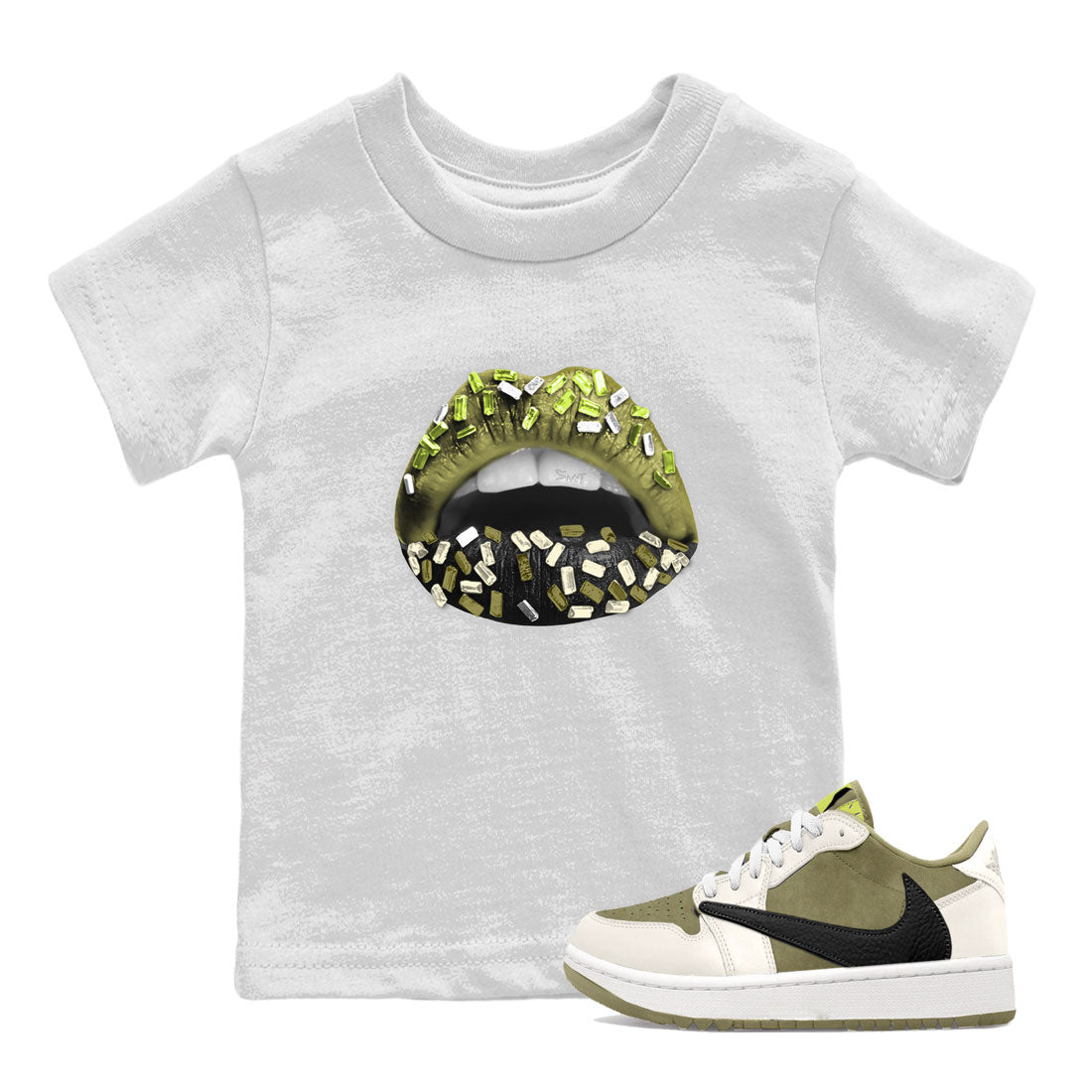 Jordan 1 Low x Travis Scott Golf Olive shirt to match jordans Lips Jewel sneaker tees Air Jordan 1 Travis Scott Olive SNRT Sneaker Release Tees Baby Toddler White 1 T-Shirt