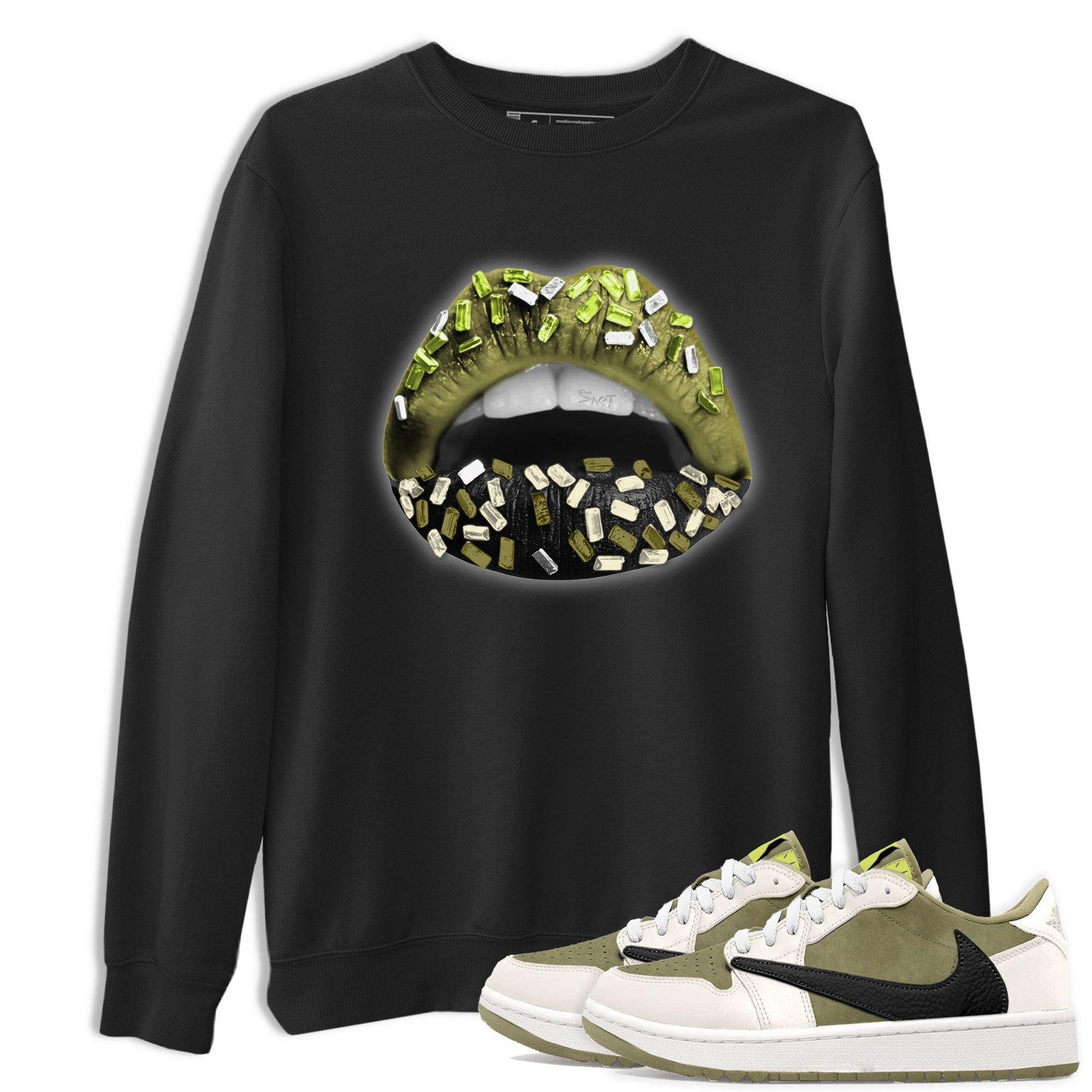Jordan 1 Low x Travis Scott Golf Olive shirt to match jordans Lips Jewel sneaker tees Air Jordan 1 Travis Scott Olive SNRT Sneaker Release Tees Unisex Black 1 T-Shirt