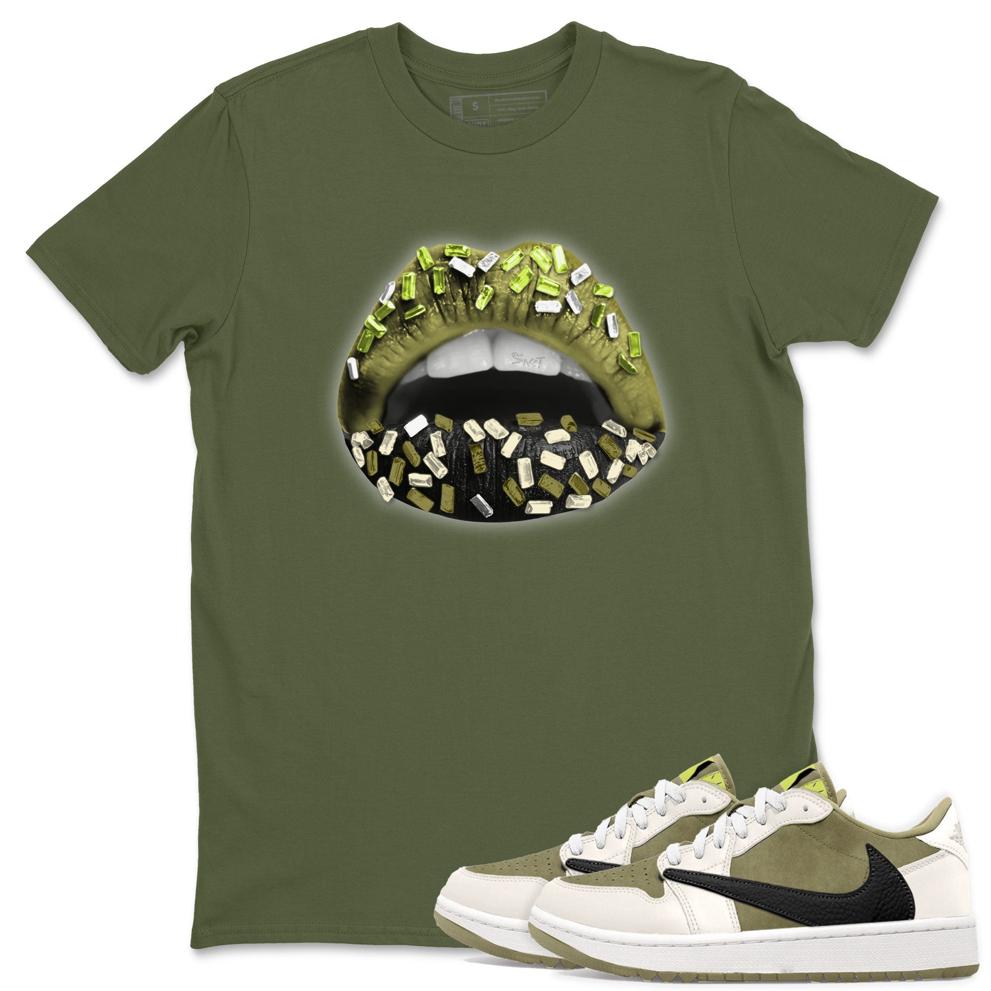 Jordan 1 Low x Travis Scott Golf Olive shirt to match jordans Lips Jewel sneaker tees Air Jordan 1 Travis Scott Olive SNRT Sneaker Release Tees Unisex Military Green 1 T-Shirt
