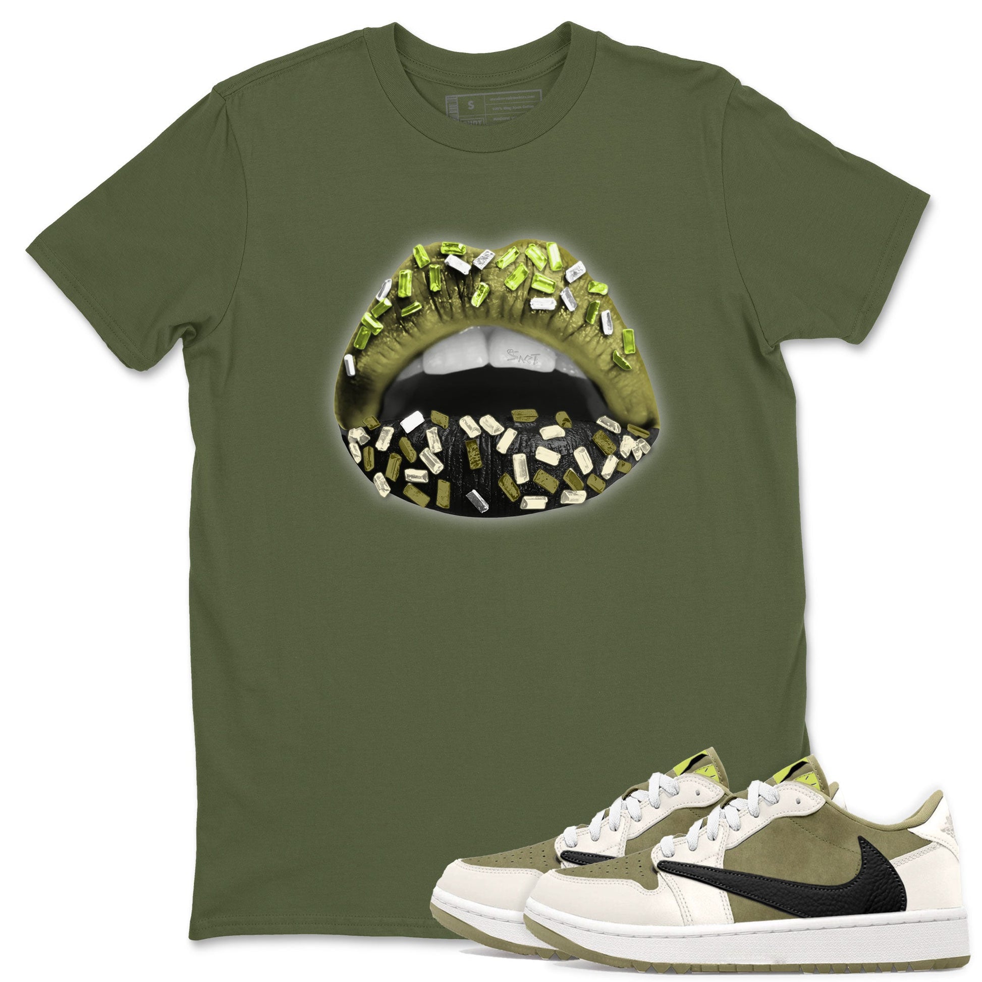Jordan 1 Low x Travis Scott Golf Olive shirt to match jordans Lips Jewel sneaker tees Air Jordan 1 Travis Scott Olive SNRT Sneaker Release Tees Unisex Military Green 1 T-Shirt