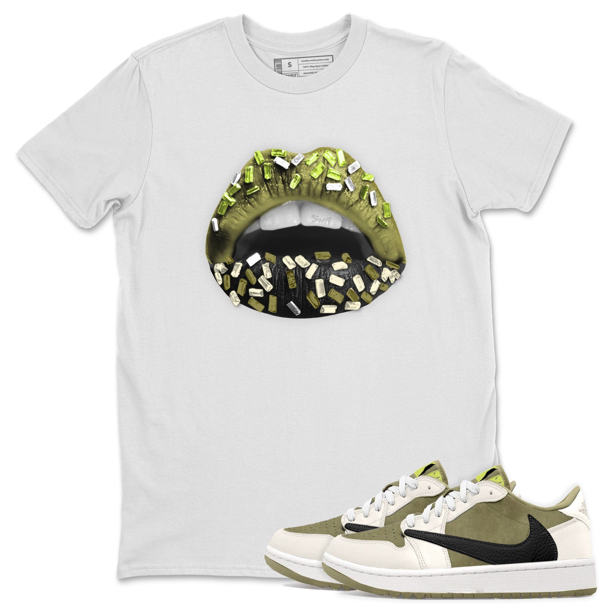 Jordan 1 Low x Travis Scott Golf Olive shirt to match jordans Lips Jewel sneaker tees Air Jordan 1 Travis Scott Olive SNRT Sneaker Release Tees Unisex White 1 T-Shirt