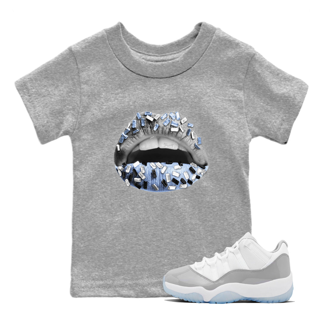 Air Jordan 11 White Cement Sneaker Match Tees Lips Jewel Sneaker Tees Air Jordan 11 Cement Grey Sneaker Release Tees Kids Shirts Heather Grey 1
