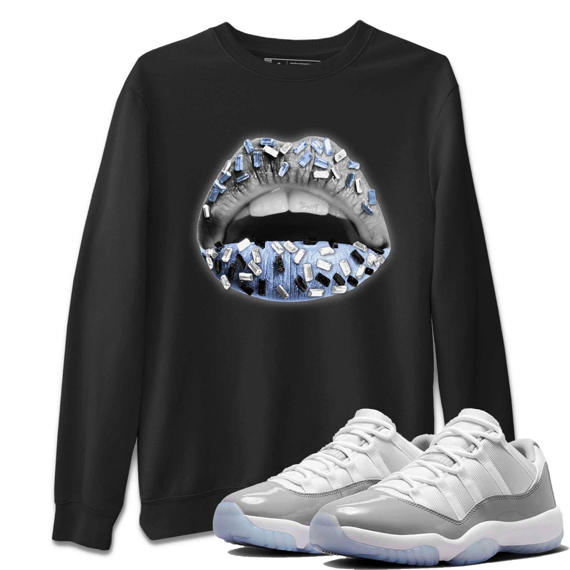 Air Jordan 11 White Cement Sneaker Match Tees Lips Jewel Sneaker Tees Air Jordan 11 Cement Grey Sneaker Release Tees Unisex Shirts Black 1