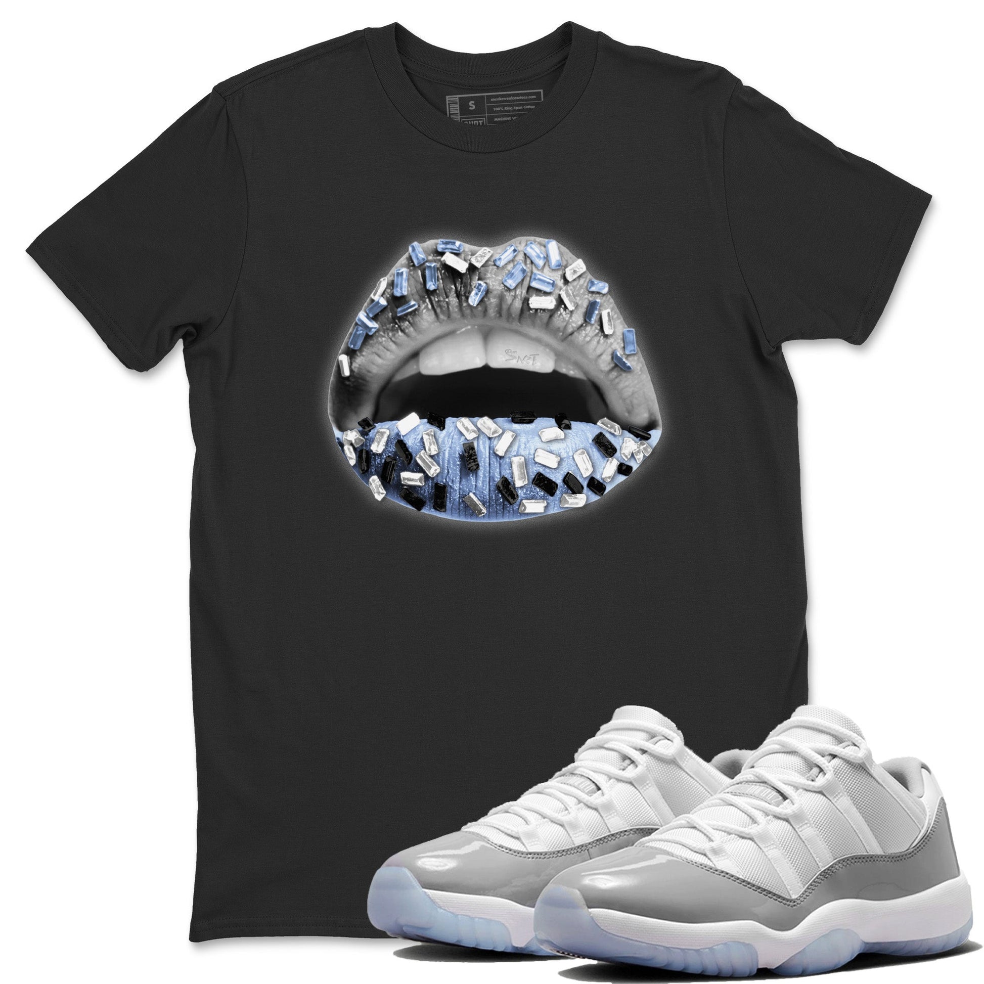 Air Jordan 11 White Cement Sneaker Match Tees Lips Jewel Sneaker Tees Air Jordan 11 Cement Grey Sneaker Release Tees Unisex Shirts Black 1
