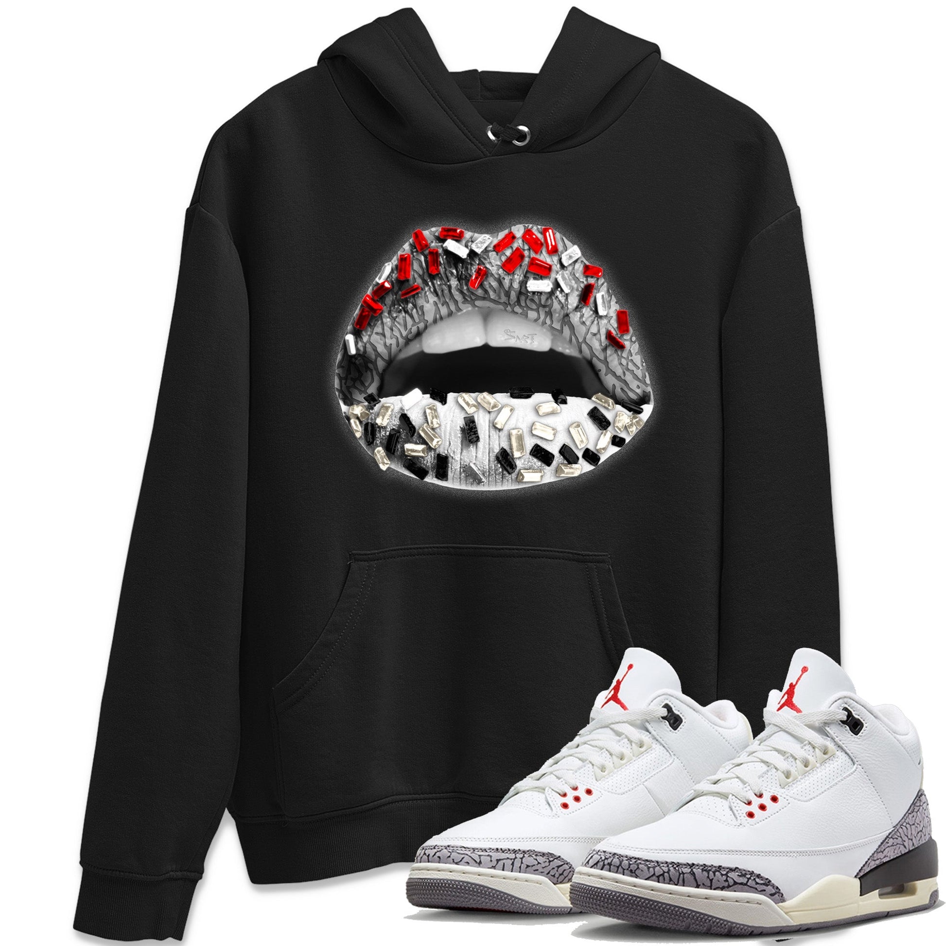 Air Jordan 3 White Cement Sneaker Match Tees Lips Jewel Sneaker Tees Air Jordan 3 Retro White Cement Sneaker Release Tees Unisex Shirts Black 1