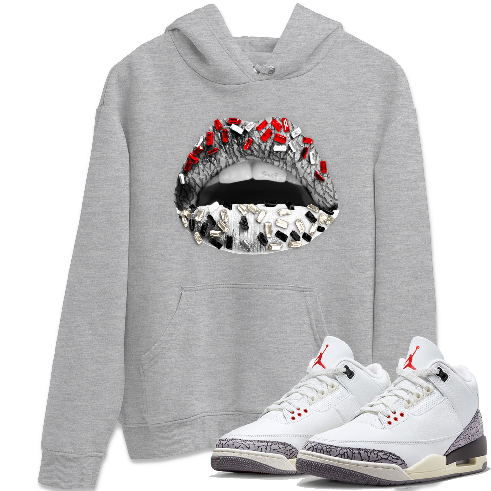 Air Jordan 3 White Cement Sneaker Match Tees Lips Jewel Sneaker Tees Air Jordan 3 Retro White Cement Sneaker Release Tees Unisex Shirts Heather Grey 1
