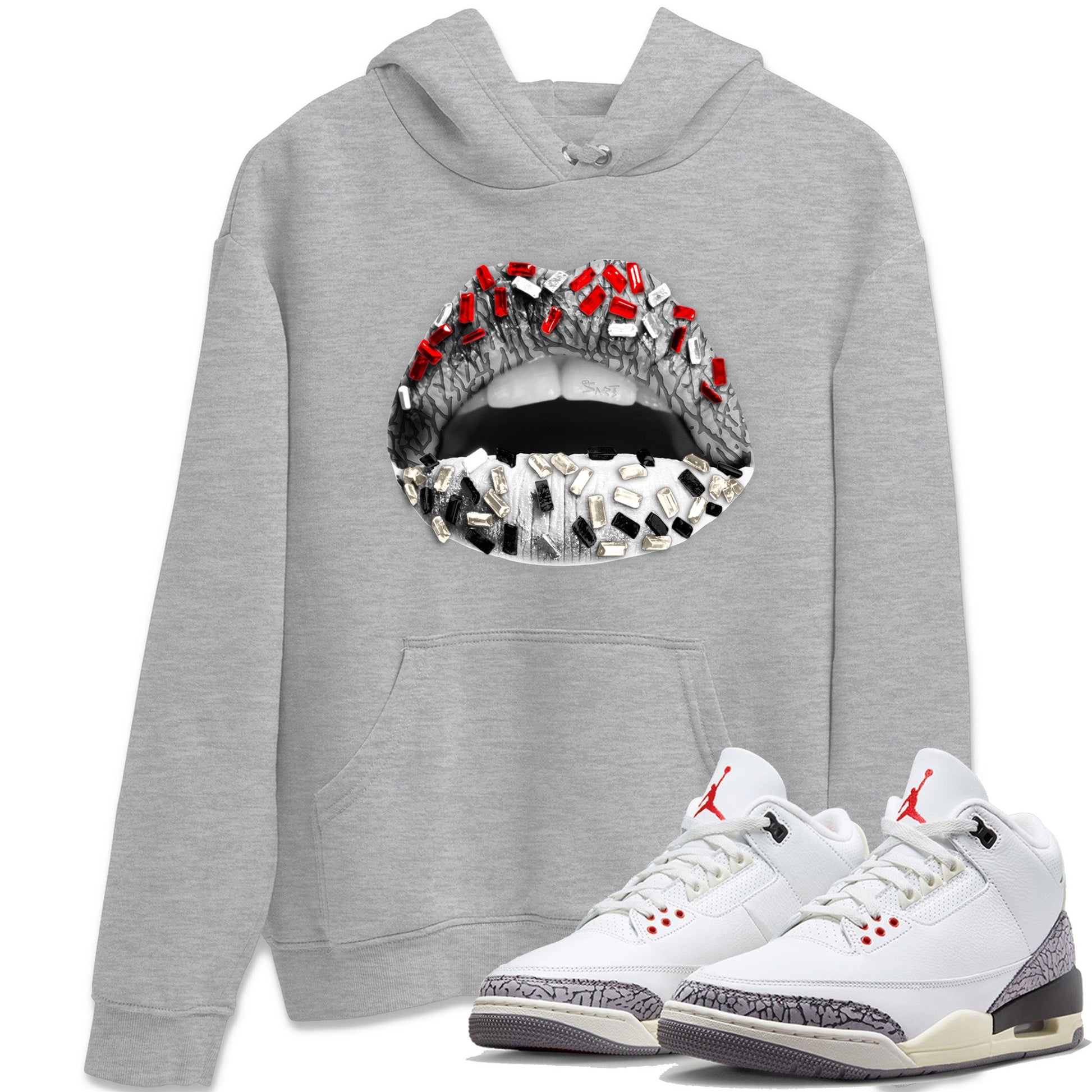Air Jordan 3 White Cement Sneaker Match Tees Lips Jewel Sneaker Tees Air Jordan 3 Retro White Cement Sneaker Release Tees Unisex Shirts Heather Grey 1