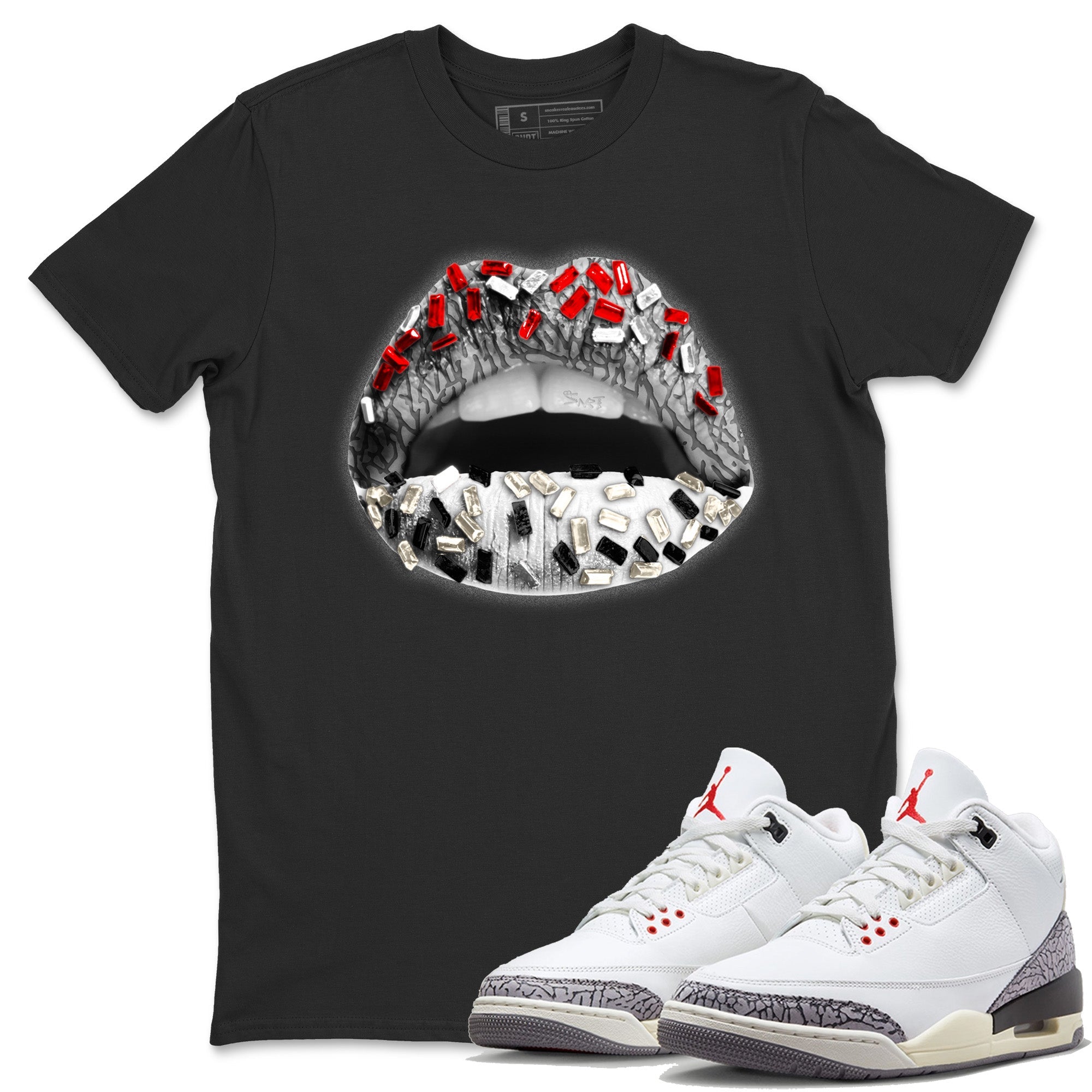 Air Jordan 3 White Cement Sneaker Match Tees Lips Jewel Sneaker Tees Air Jordan 3 Retro White Cement Sneaker Release Tees Unisex Shirts Black 1