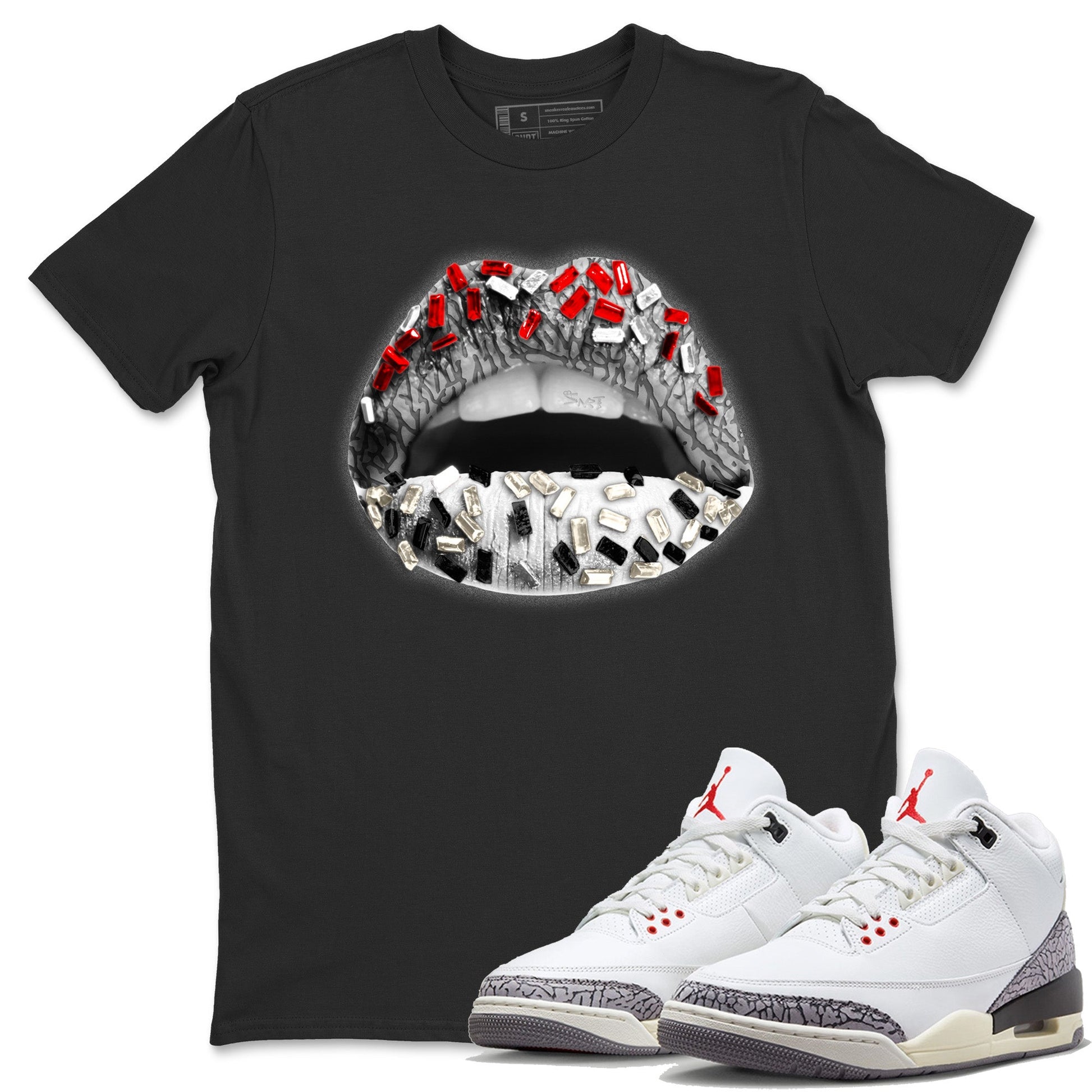 Air Jordan 3 White Cement Sneaker Match Tees Lips Jewel Sneaker Tees Air Jordan 3 Retro White Cement Sneaker Release Tees Unisex Shirts Black 1