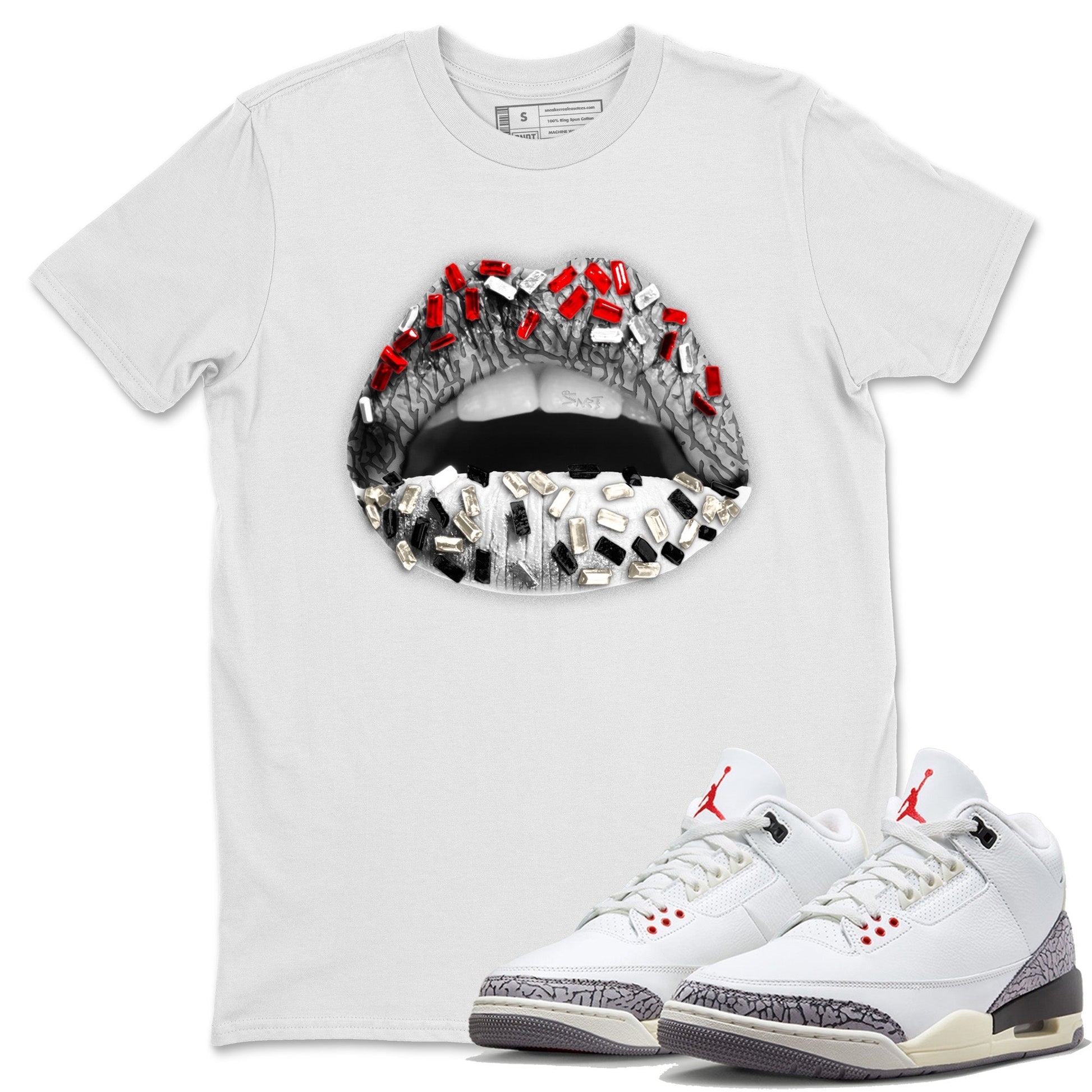 Air Jordan 3 White Cement Sneaker Match Tees Lips Jewel Sneaker Tees Air Jordan 3 Retro White Cement Sneaker Release Tees Unisex Shirts White 1