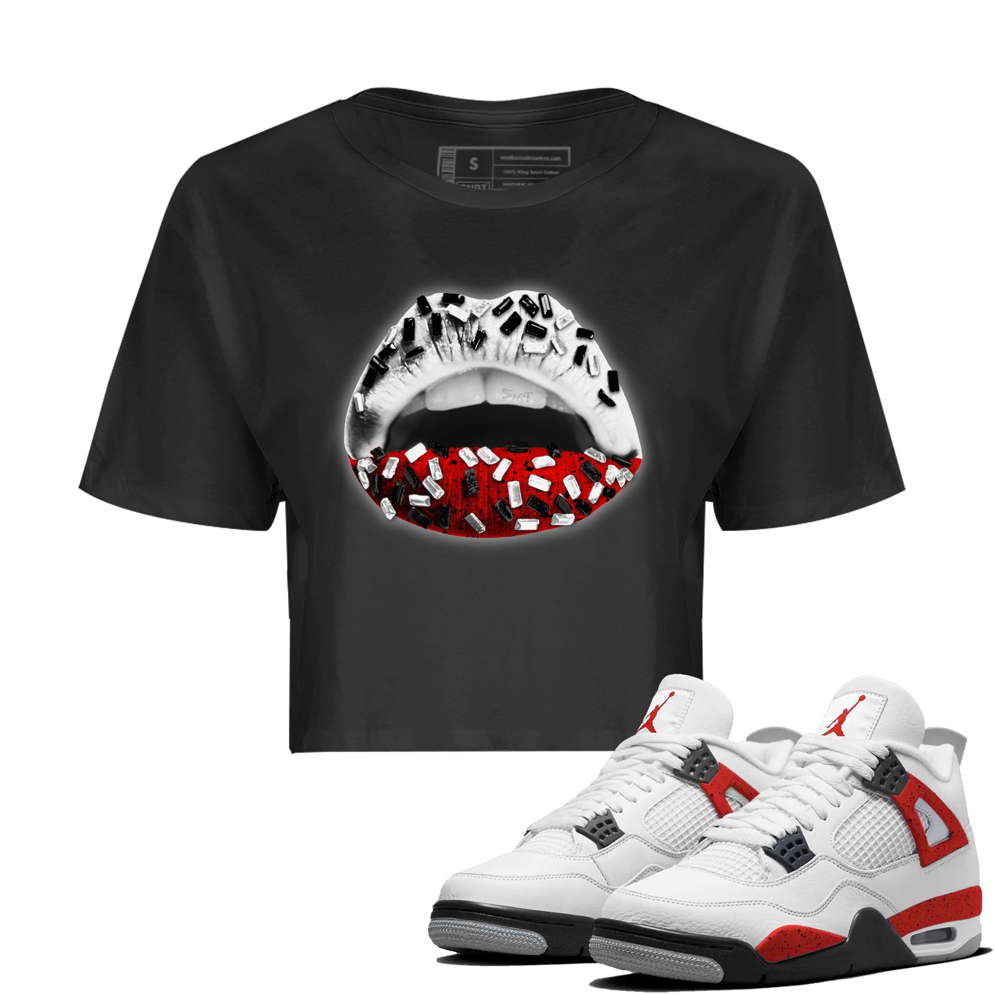 Air Jordan 4 Red Cement Sneaker Match Tees Lips Jewel Sneaker Tees Air Jordan 4 Retro Red Cement SNRT Sneaker Release Tees Women's Shirts Black 1