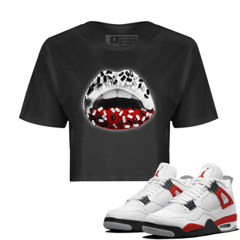 Air Jordan 4 Red Cement Sneaker Match Tees Lips Jewel Sneaker Tees Air Jordan 4 Retro Red Cement SNRT Sneaker Release Tees Women's Shirts Black 1