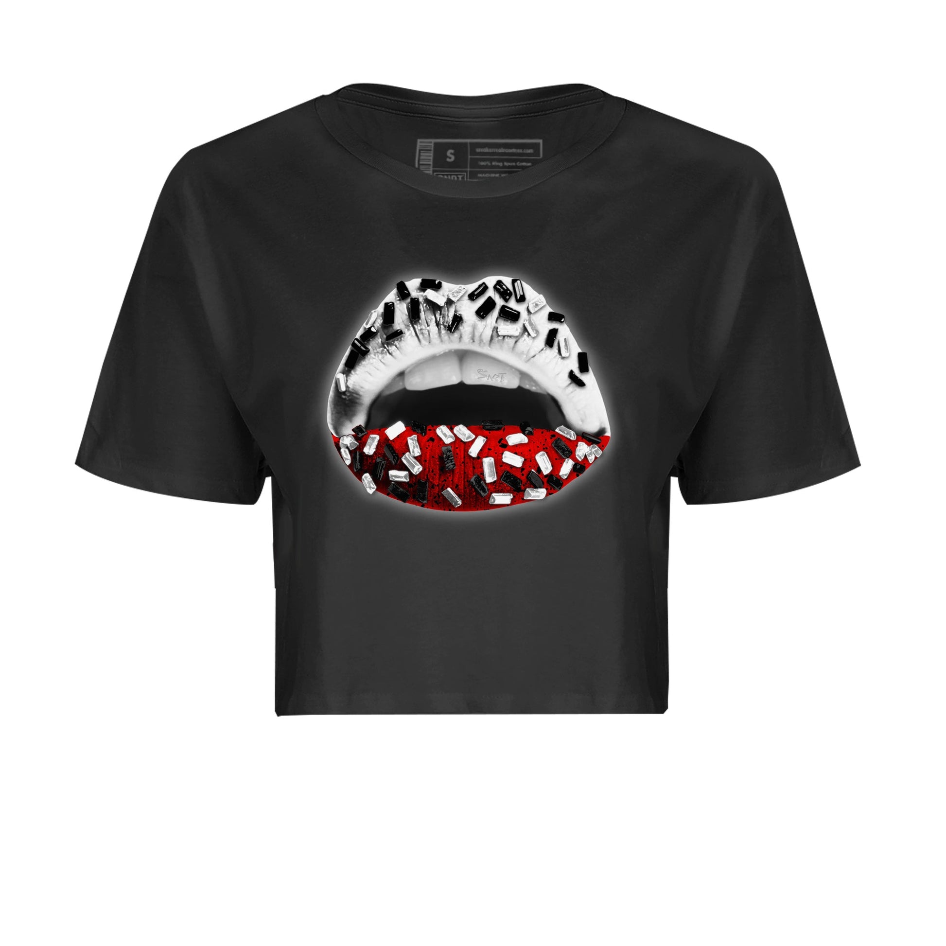 Air Jordan 4 Red Cement Sneaker Match Tees Lips Jewel Sneaker Tees Air Jordan 4 Retro Red Cement SNRT Sneaker Release Tees Women's Shirts Black 2