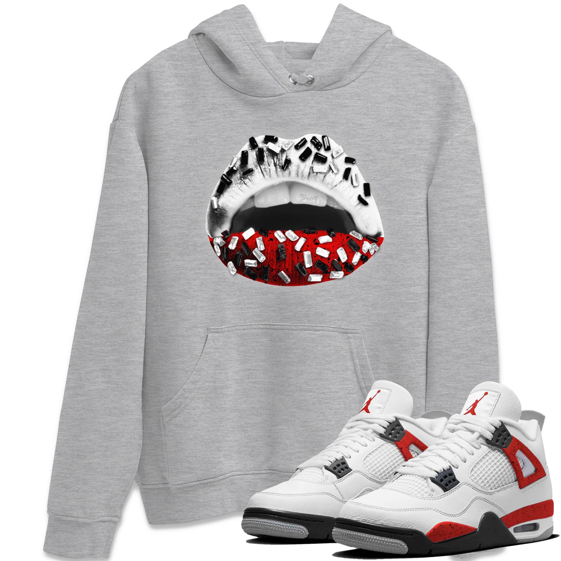 Air Jordan 4 Red Cement Sneaker Match Tees Lips Jewel Sneaker Tees Air Jordan 4 Retro Red Cement SNRT Sneaker Release Tees Unisex Shirts Heather Grey 1