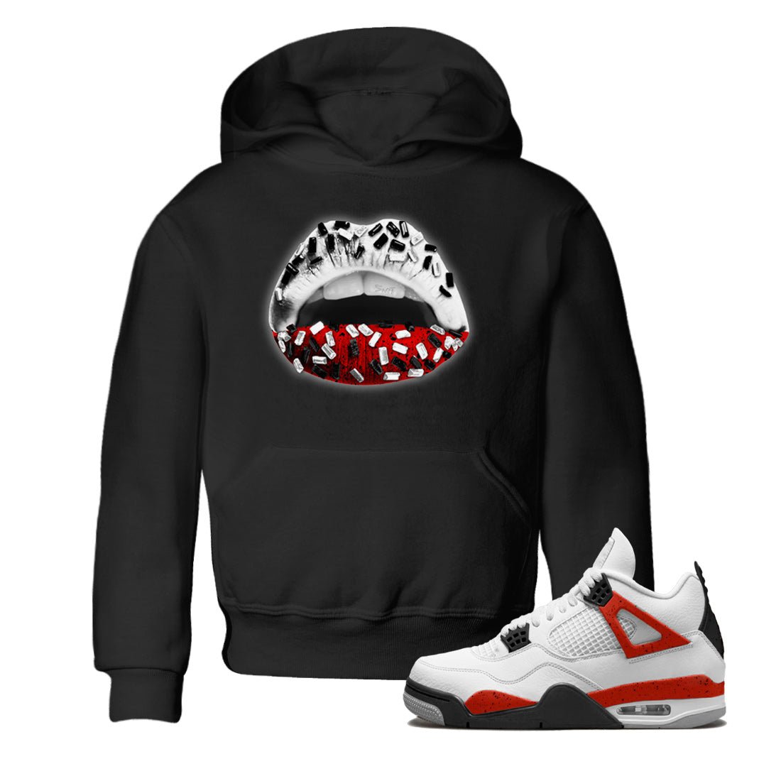Air Jordan 4 Red Cement Sneaker Match Tees Lips Jewel Sneaker Tees Air Jordan 4 Retro Red Cement SNRT Sneaker Release Tees Kids Shirts Black 1