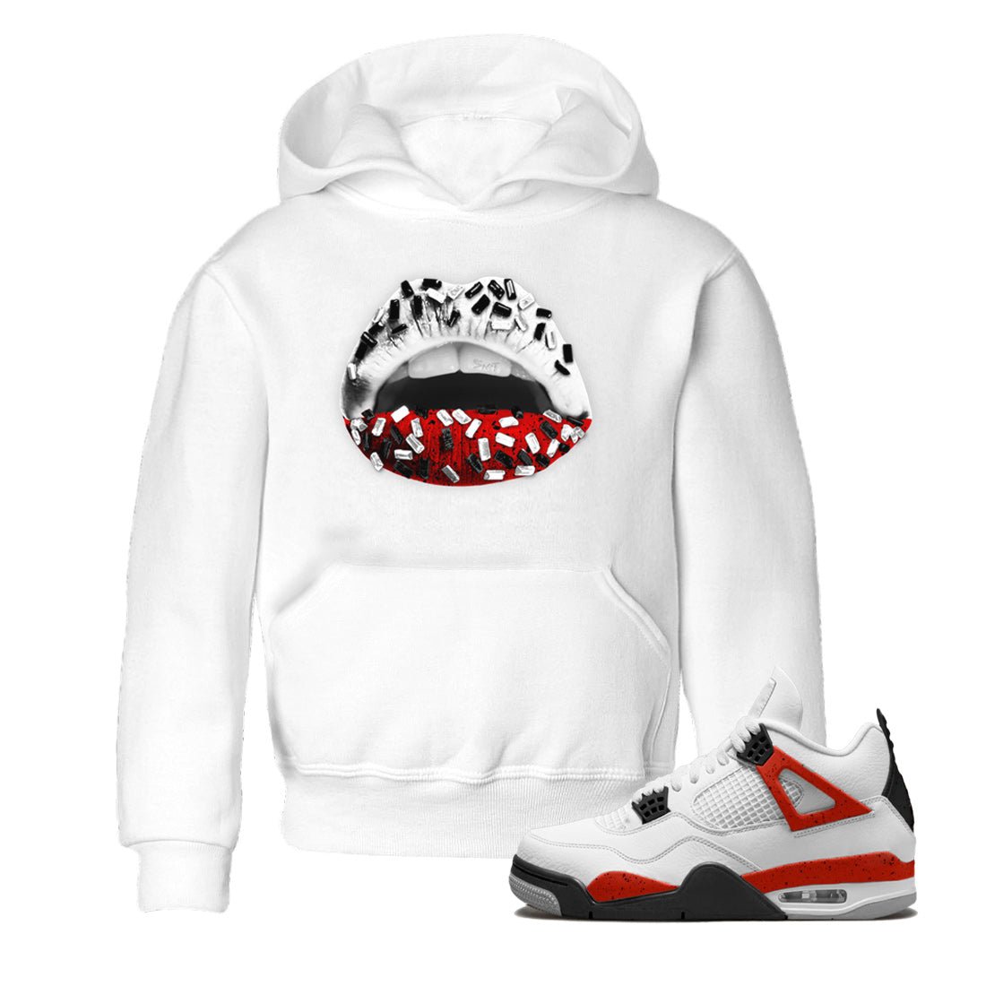 Air Jordan 4 Red Cement Sneaker Match Tees Lips Jewel Sneaker Tees Air Jordan 4 Retro Red Cement SNRT Sneaker Release Tees Kids Shirts White 1