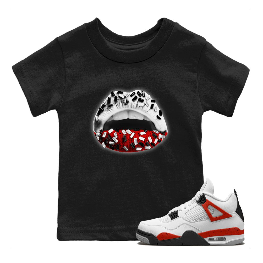 Air Jordan 4 Red Cement Sneaker Match Tees Lips Jewel Sneaker Tees Air Jordan 4 Retro Red Cement SNRT Sneaker Release Tees Kids Shirts Black 1