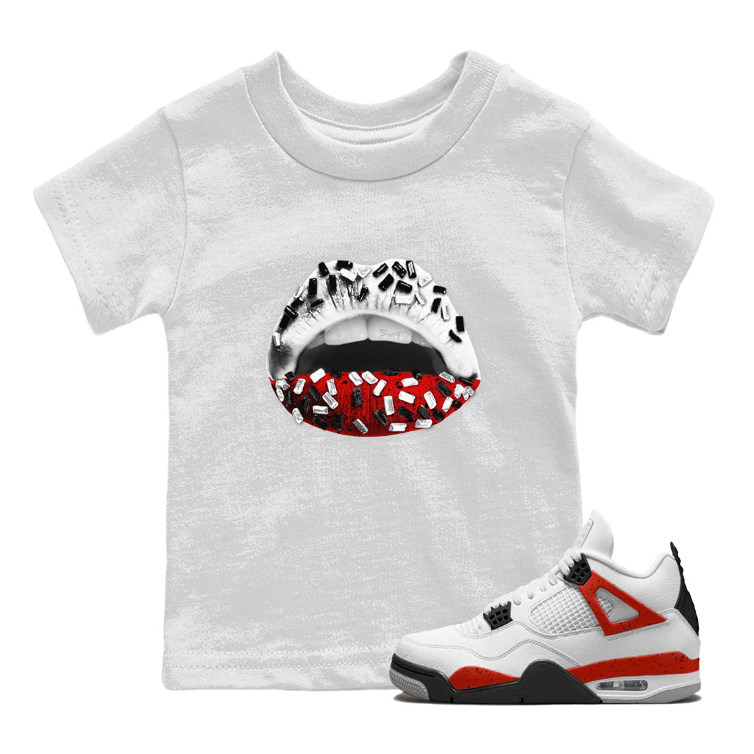 Air Jordan 4 Red Cement Sneaker Match Tees Lips Jewel Sneaker Tees Air Jordan 4 Retro Red Cement SNRT Sneaker Release Tees Kids Shirts White 1