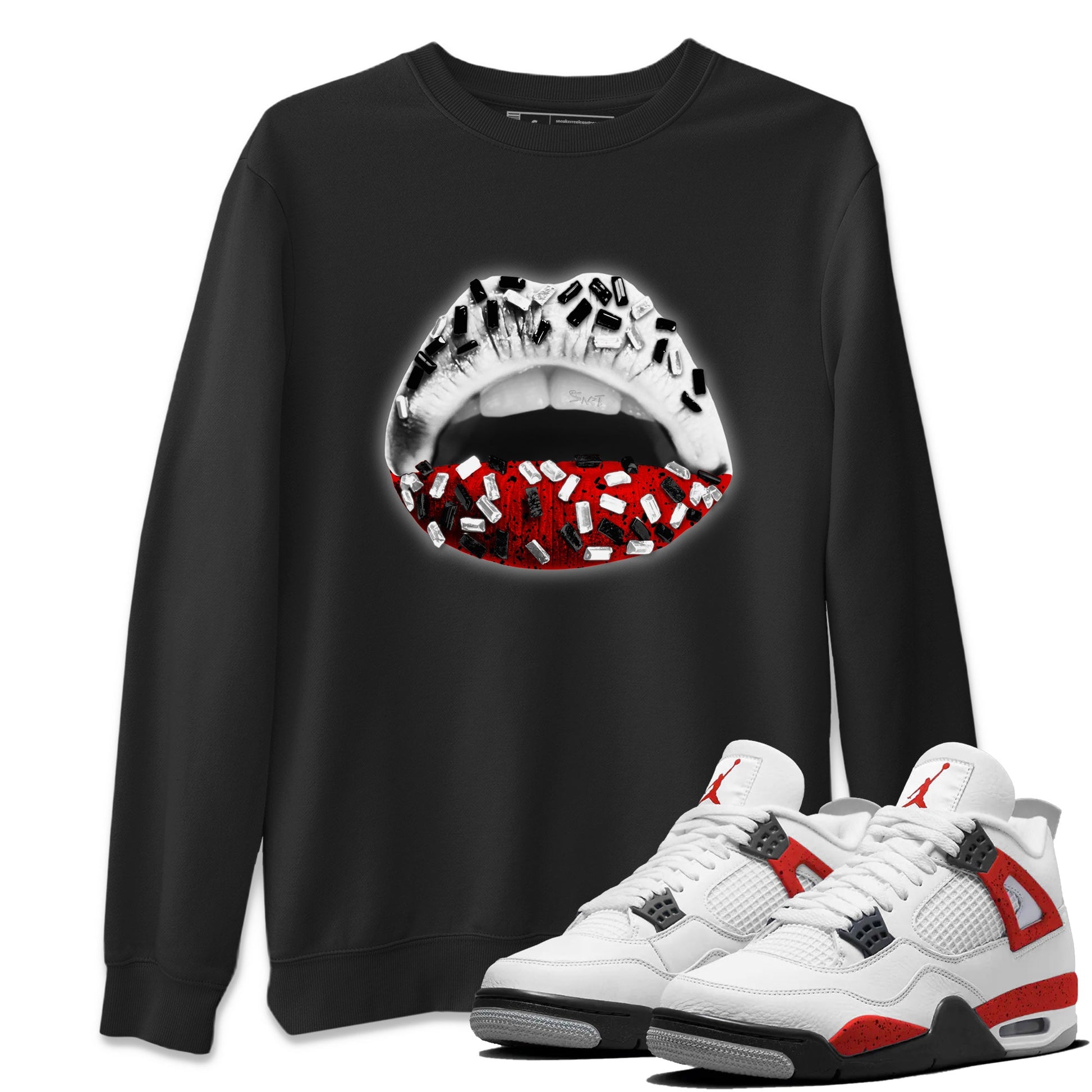 Air Jordan 4 Red Cement Sneaker Match Tees Lips Jewel Sneaker Tees Air Jordan 4 Retro Red Cement SNRT Sneaker Release Tees Unisex Shirts Black 1