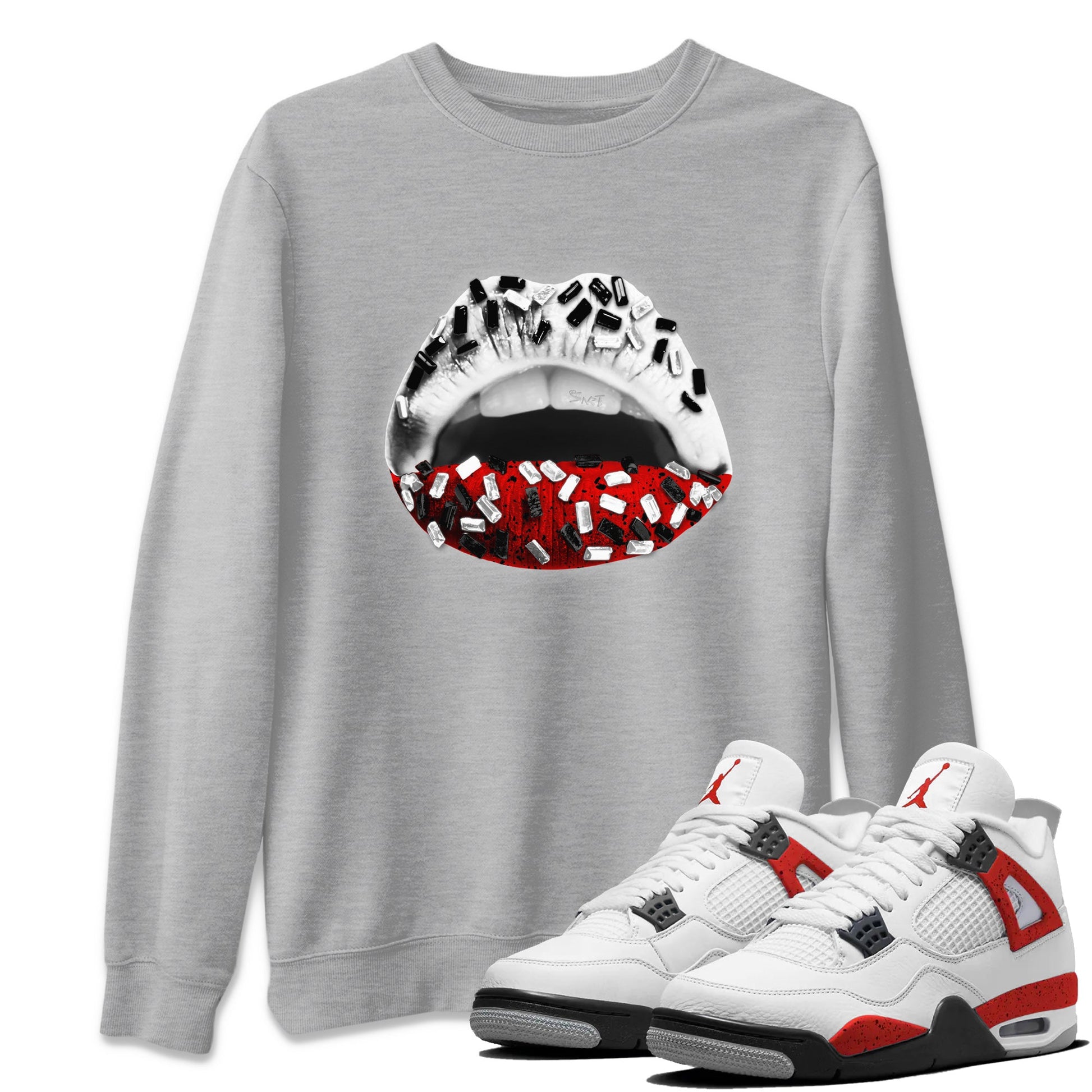 Air Jordan 4 Red Cement Sneaker Match Tees Lips Jewel Sneaker Tees Air Jordan 4 Retro Red Cement SNRT Sneaker Release Tees Unisex Shirts Heather Grey 1